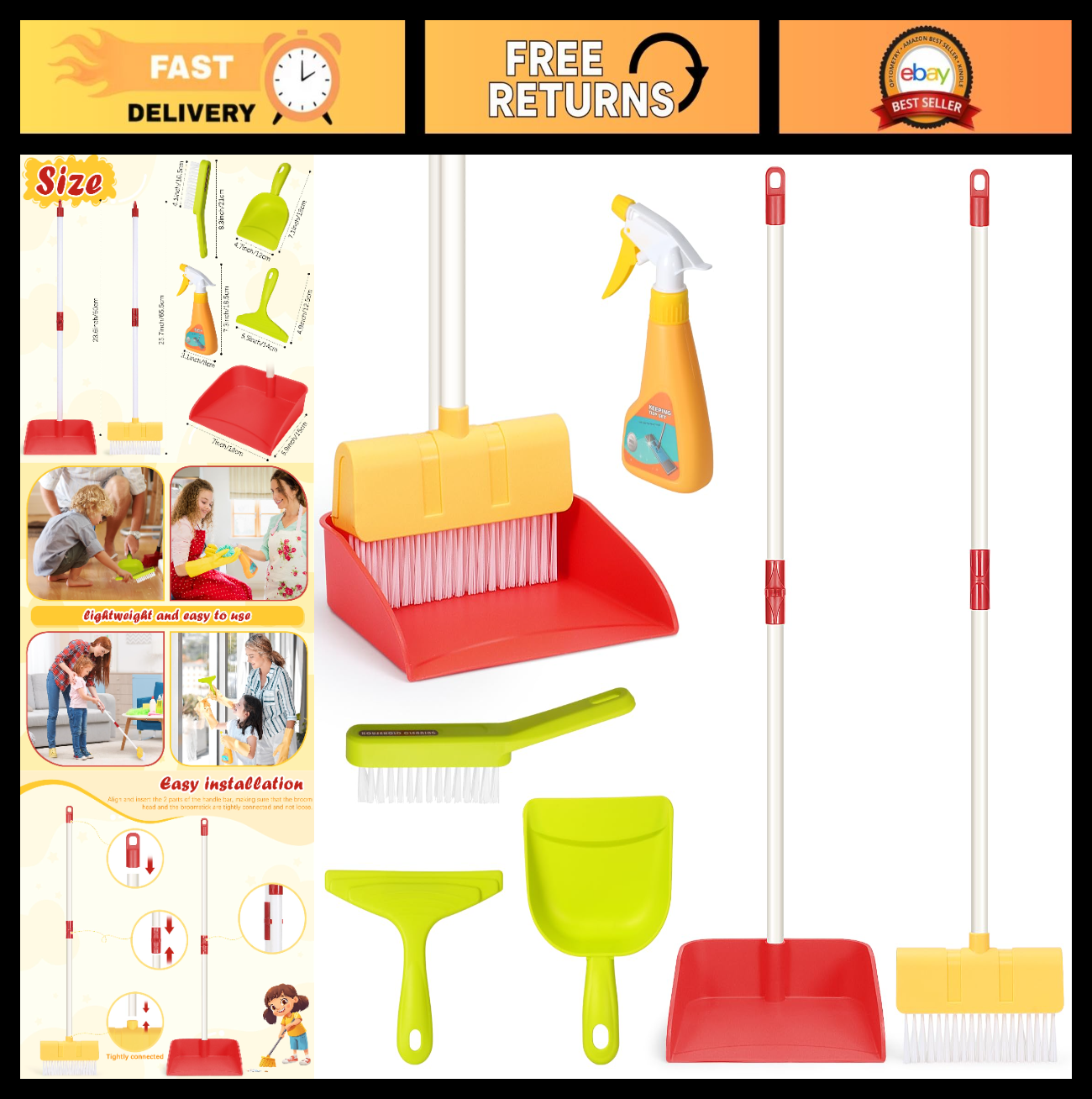 Kids Cleaning Toy Set - 6PCS Broom & Dustpan Pretend Play for Ages 3-6, Role Pla0