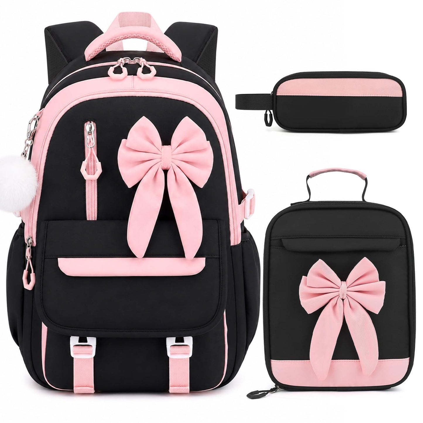 Girls Bow Backpack Set   3PCS with Lunch Bag & Pencil Case, Cute School Bag1