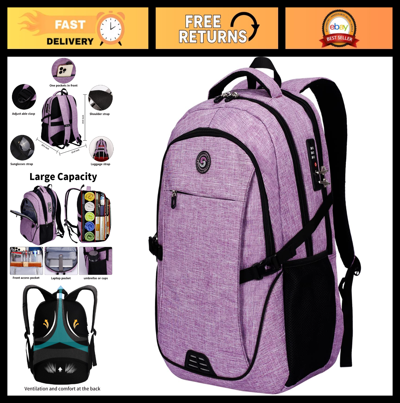 Travel Laptop Backpack for Men & Women, College School Bag, Waterproof, USB Char0
