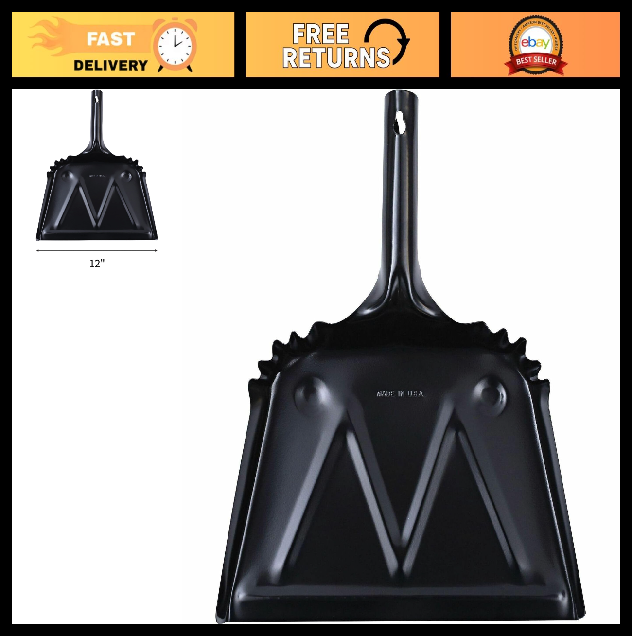 Heavy-Duty Black Metal Dustpan 12" | Durable, Ergonomic, Easy Clean | Home & Off0