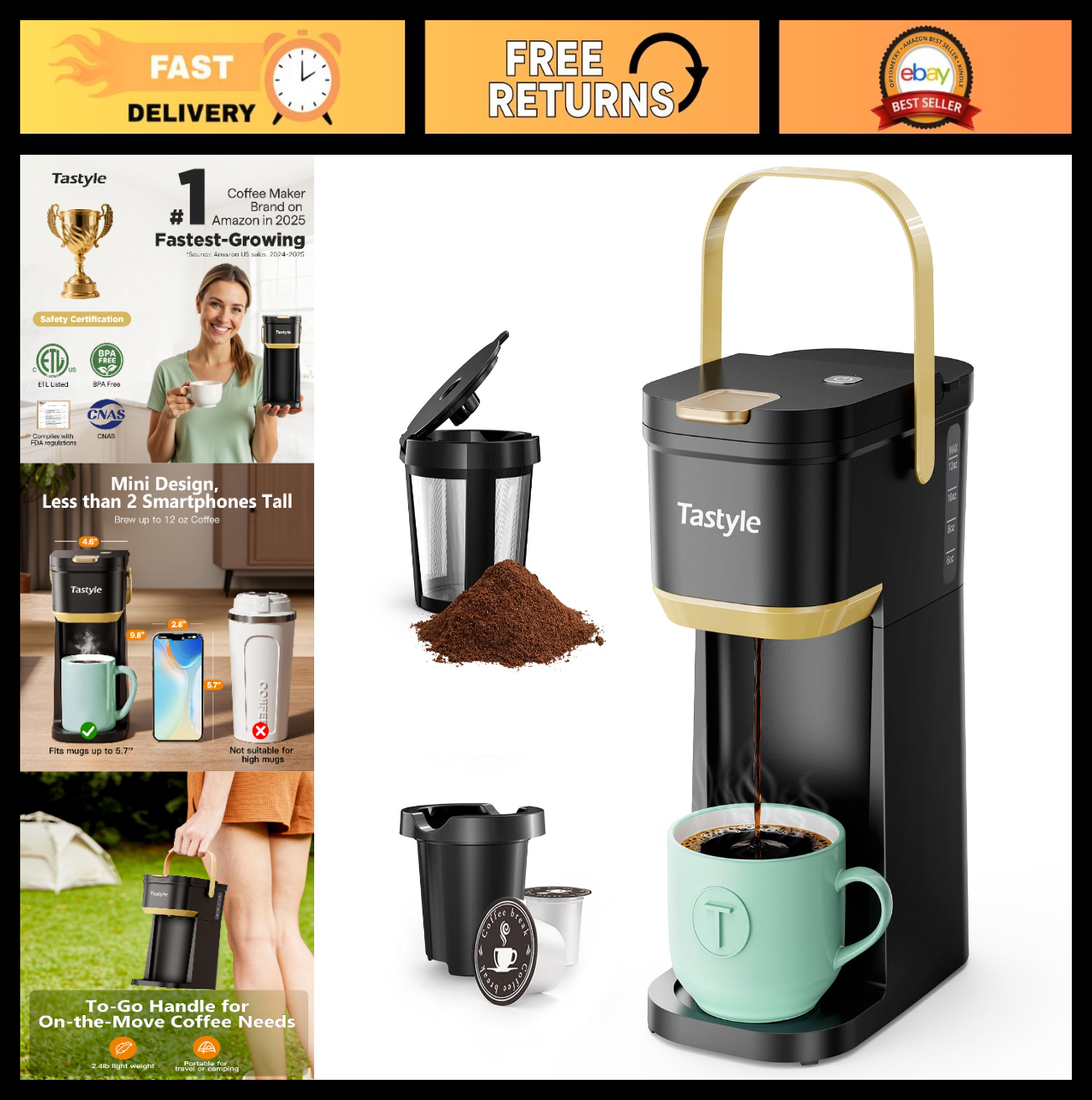 Compact Single Serve Coffee Maker for K Cups & Grounds, Portable Mini Brewer, 6-0