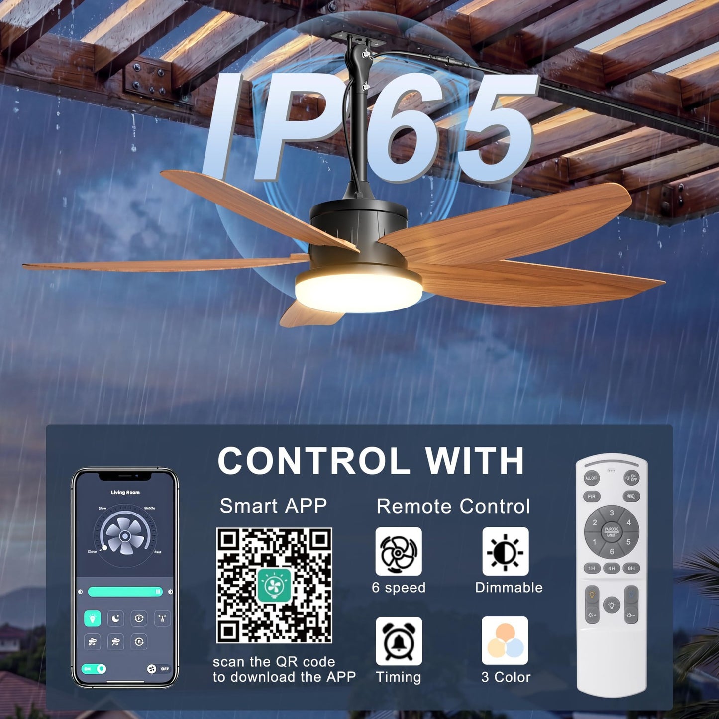 42" Waterproof Outdoor Ceiling Fan with Lights, Remote Control, Quiet DC Motor,2