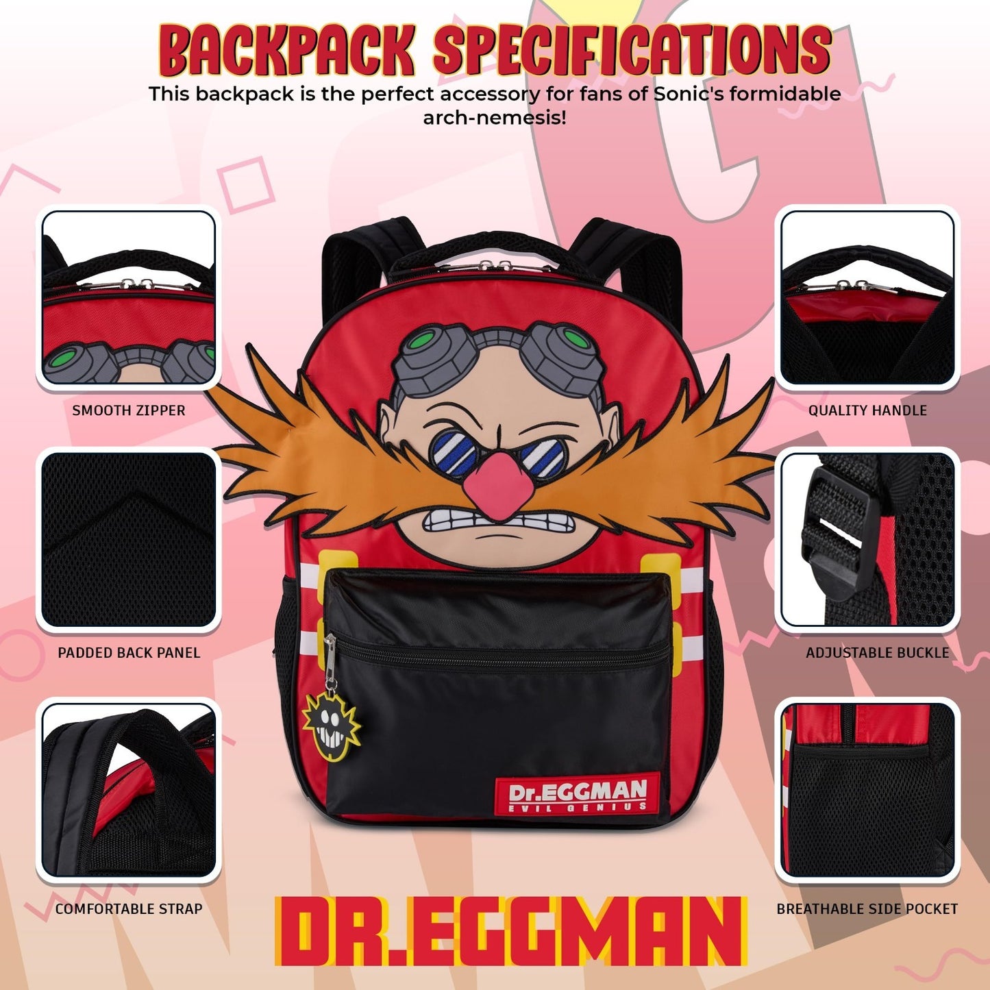 Sonic The Hedgehog Backpack 16" Schoolbag for Kids, Dr. Eggman Face & Dangle Toy3