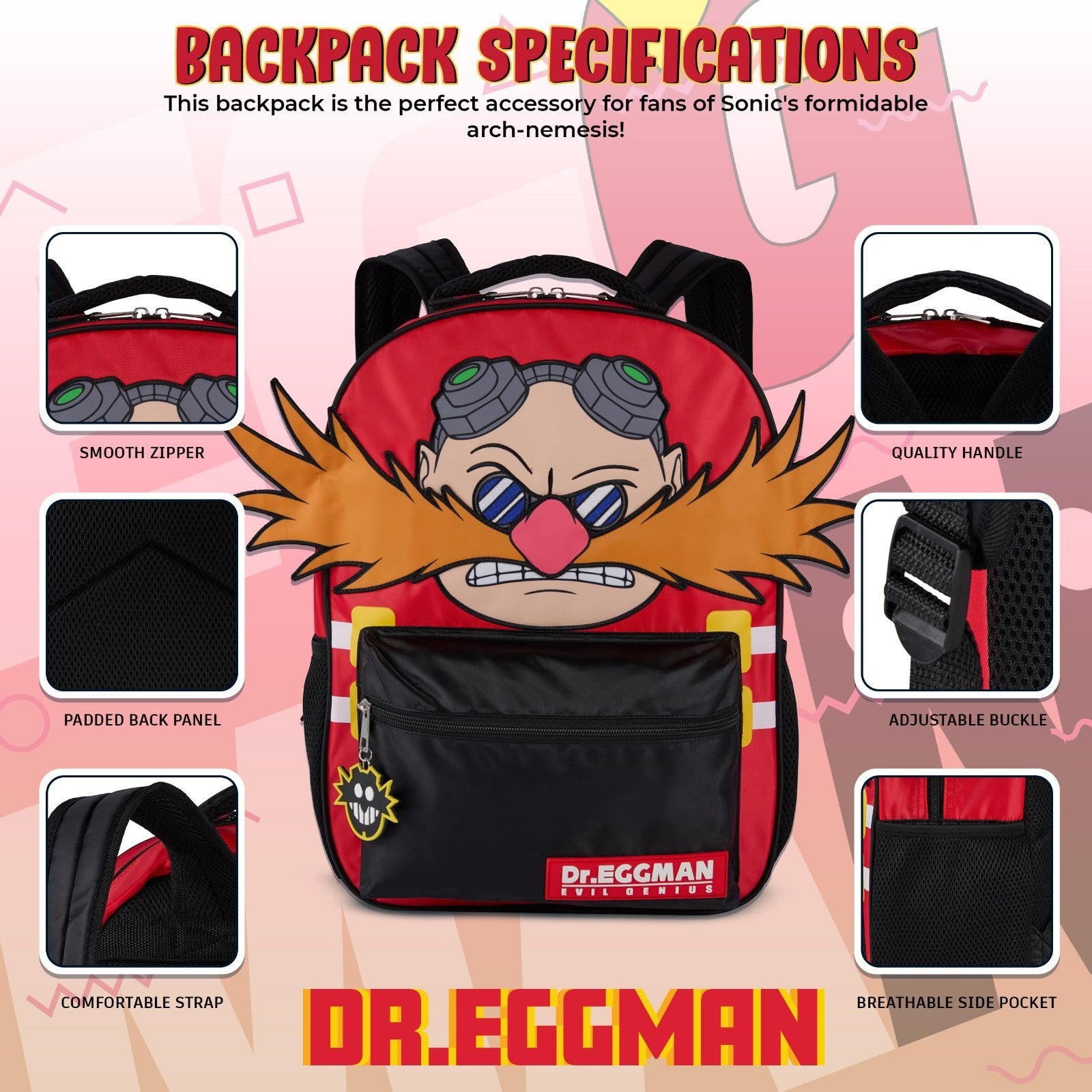 Sonic The Hedgehog Backpack 16" Schoolbag for Kids, Dr. Eggman Face & Dangle Toy3