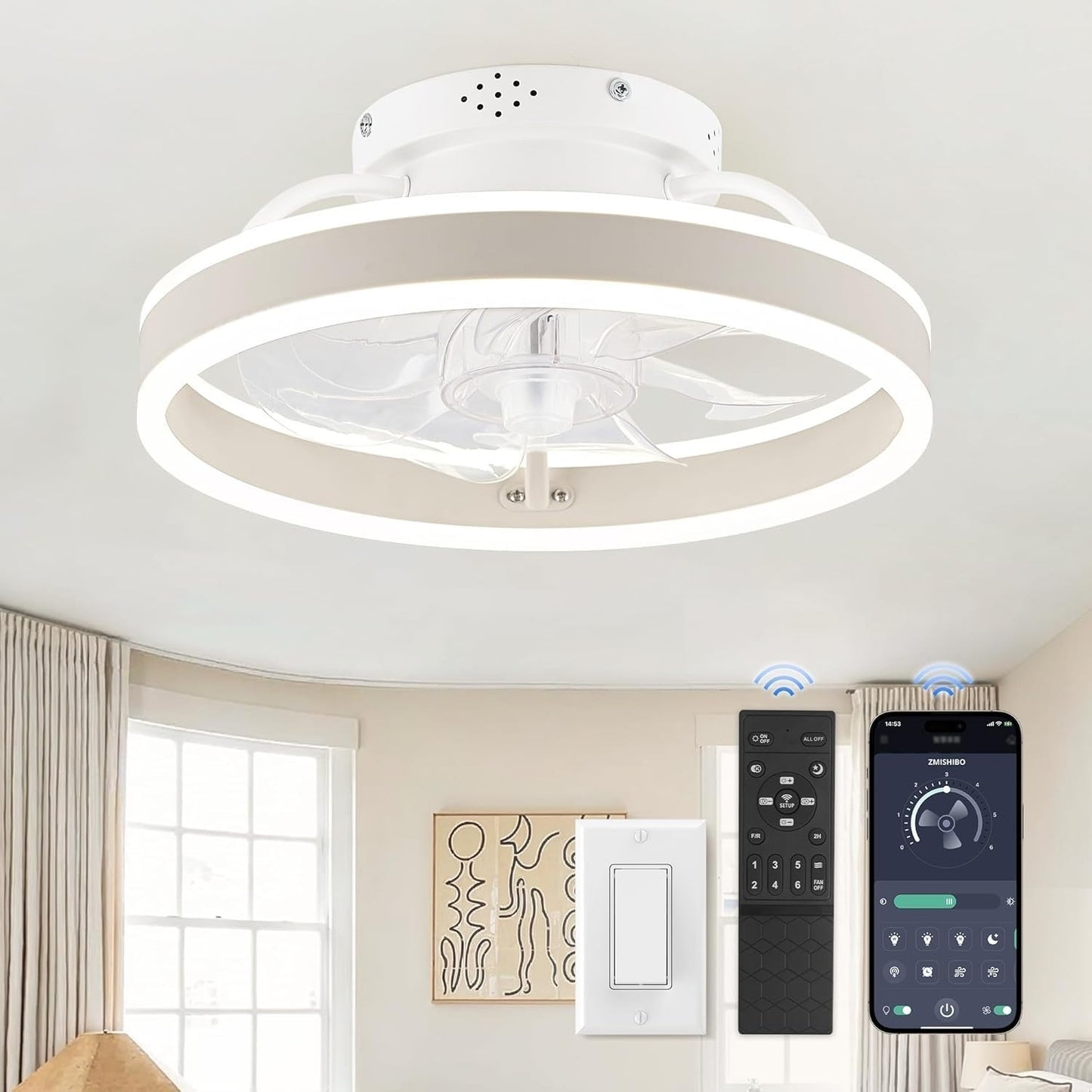Low Profile Ceiling Fan with Lights & Remote   13" Modern Flush Mount Fandelier,1