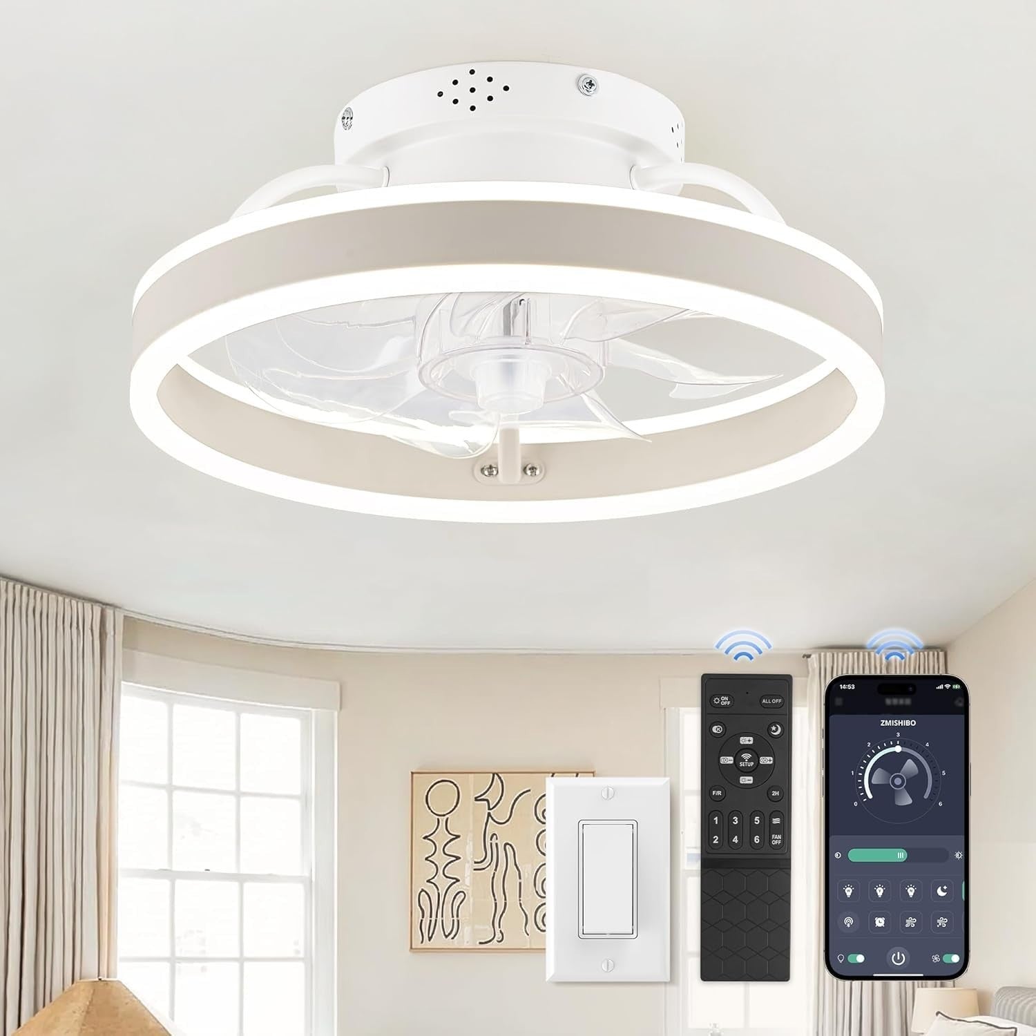 Low Profile Ceiling Fan with Lights & Remote   13" Modern Flush Mount Fandelier,1