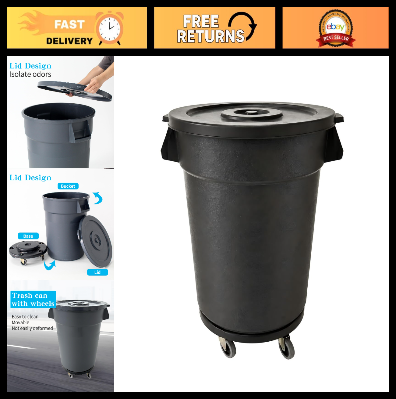 32 Gallon Heavy Duty Outdoor Trash Can with Lid & Wheels | Round, Ideal for Pati0