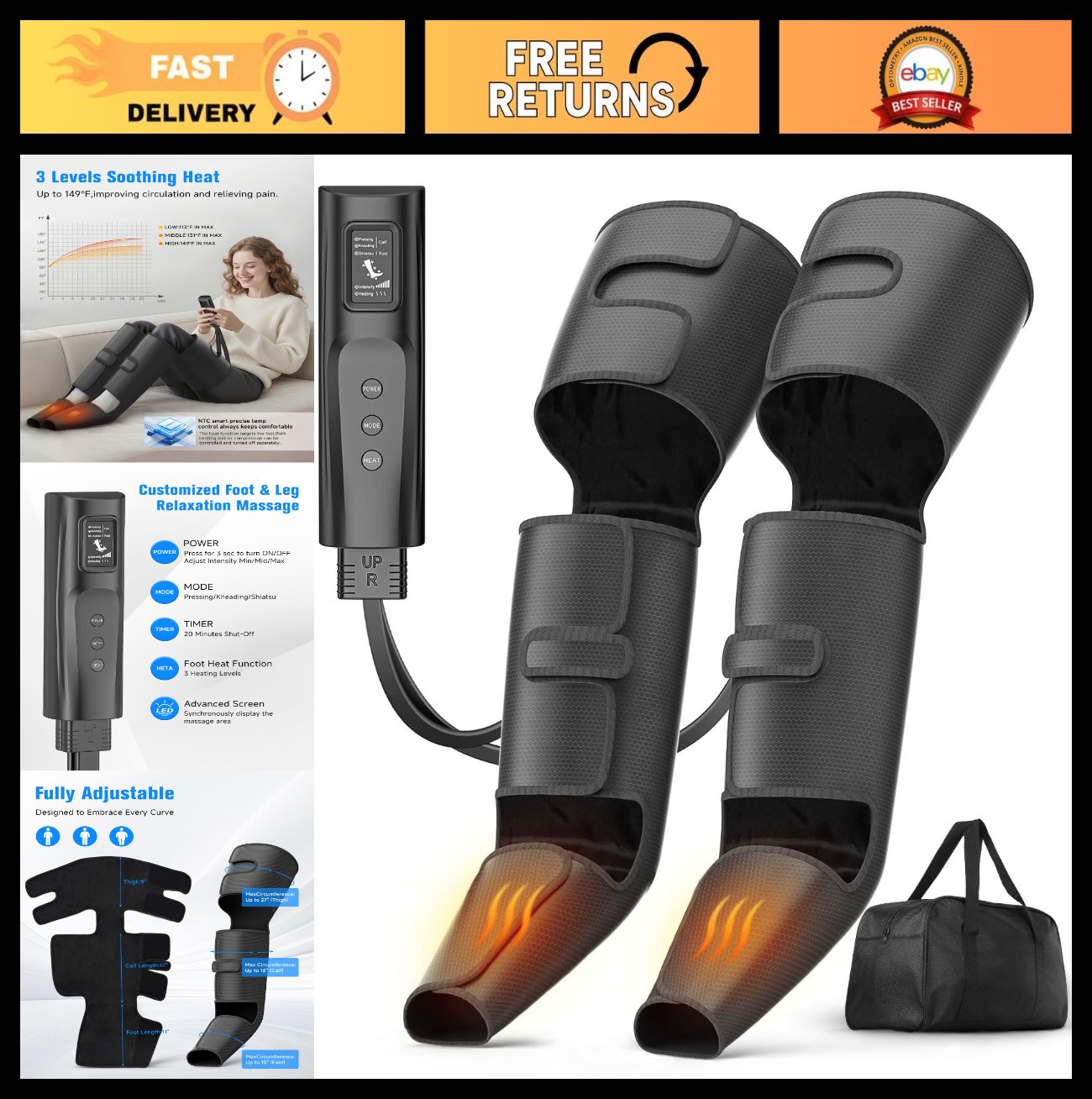 Leg Compression Boots - Foot Massager with Heat, 3 Modes & Intensities, Muscle R0