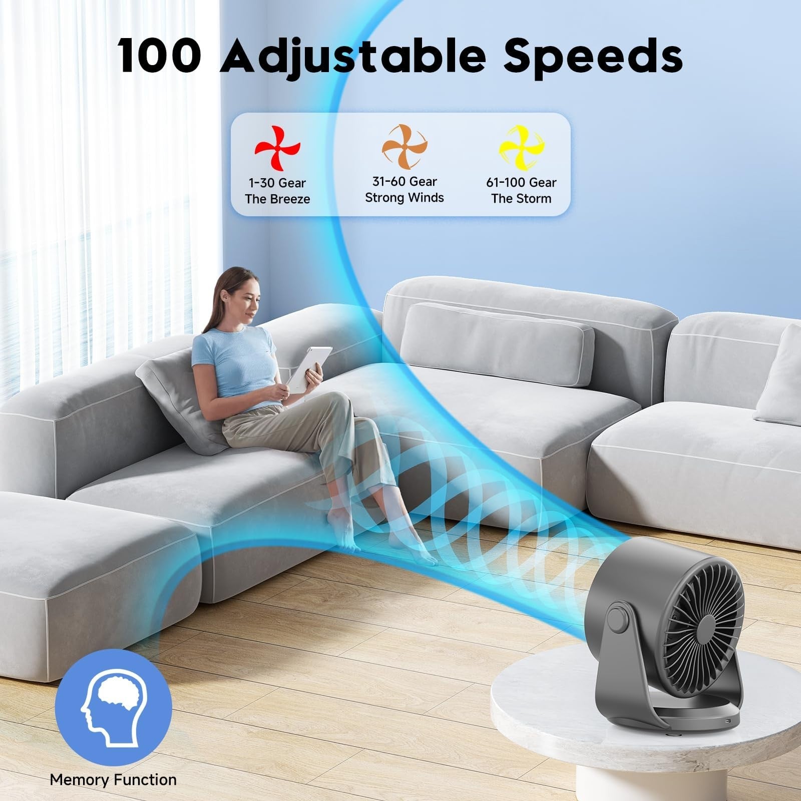Turbo Desk Fan   100 Speed Digital Display, Low Noise, 105° Tilt, 7.5" Rechargea6