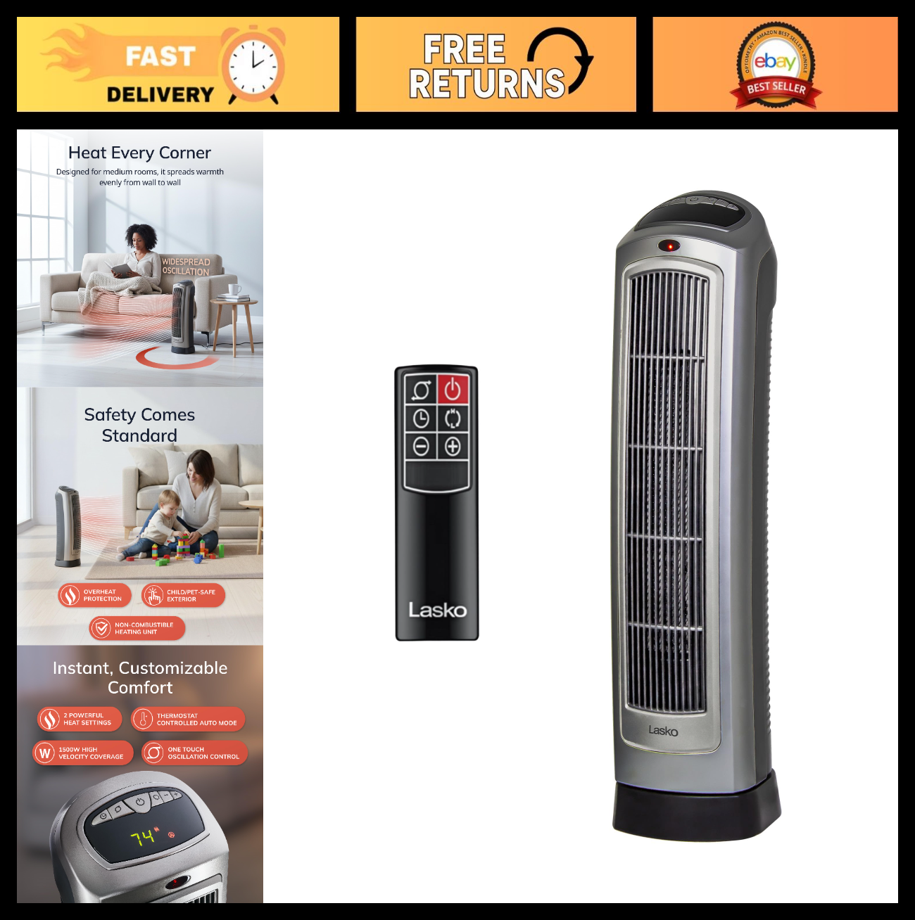 Digital Ceramic Tower Heater with Remote Control, Adjustable Thermostat, 1500W,0