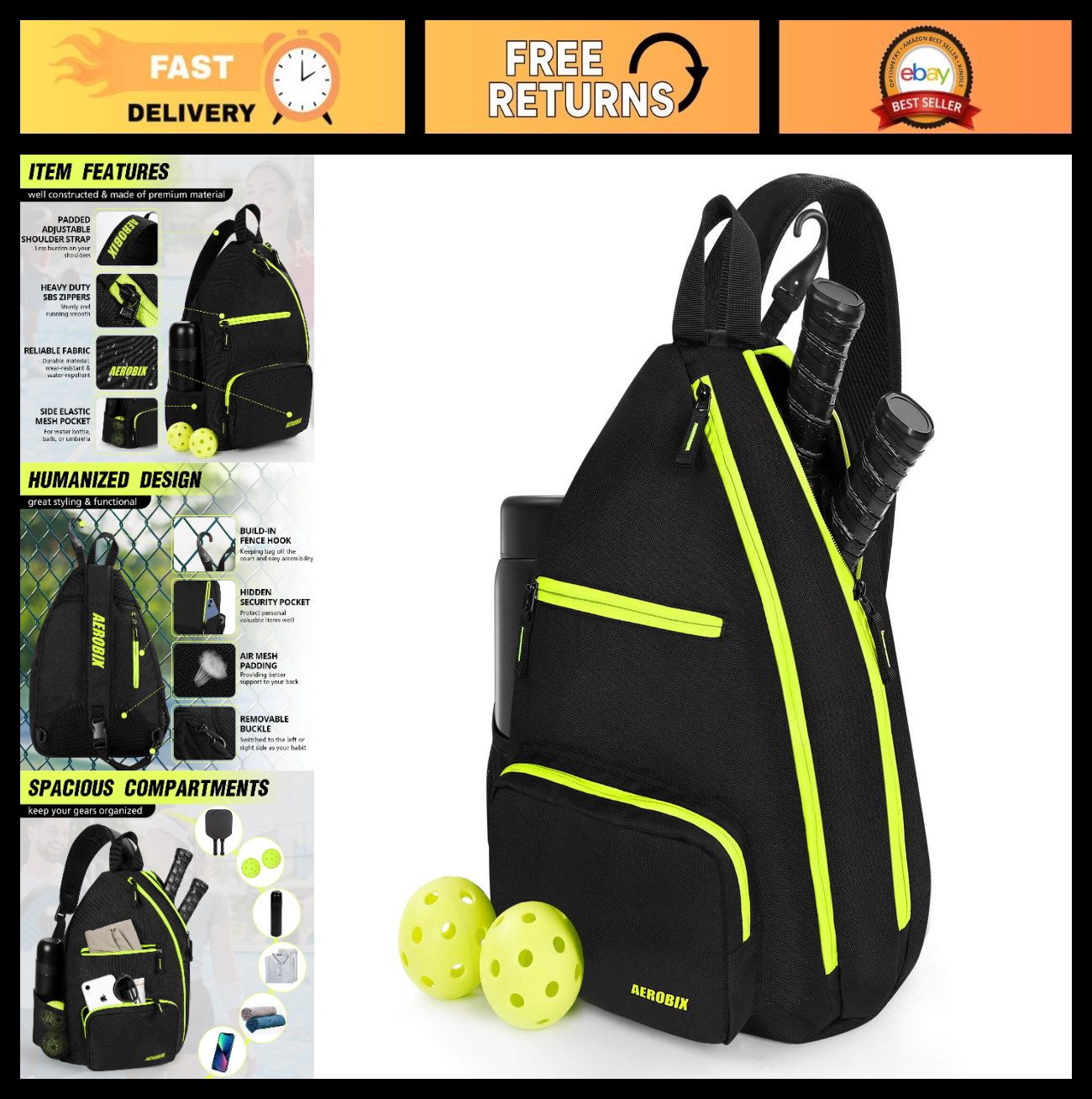 Large Capacity Pickleball Backpack - Padded Paddle Pocket, Adjustable Sling Bag0