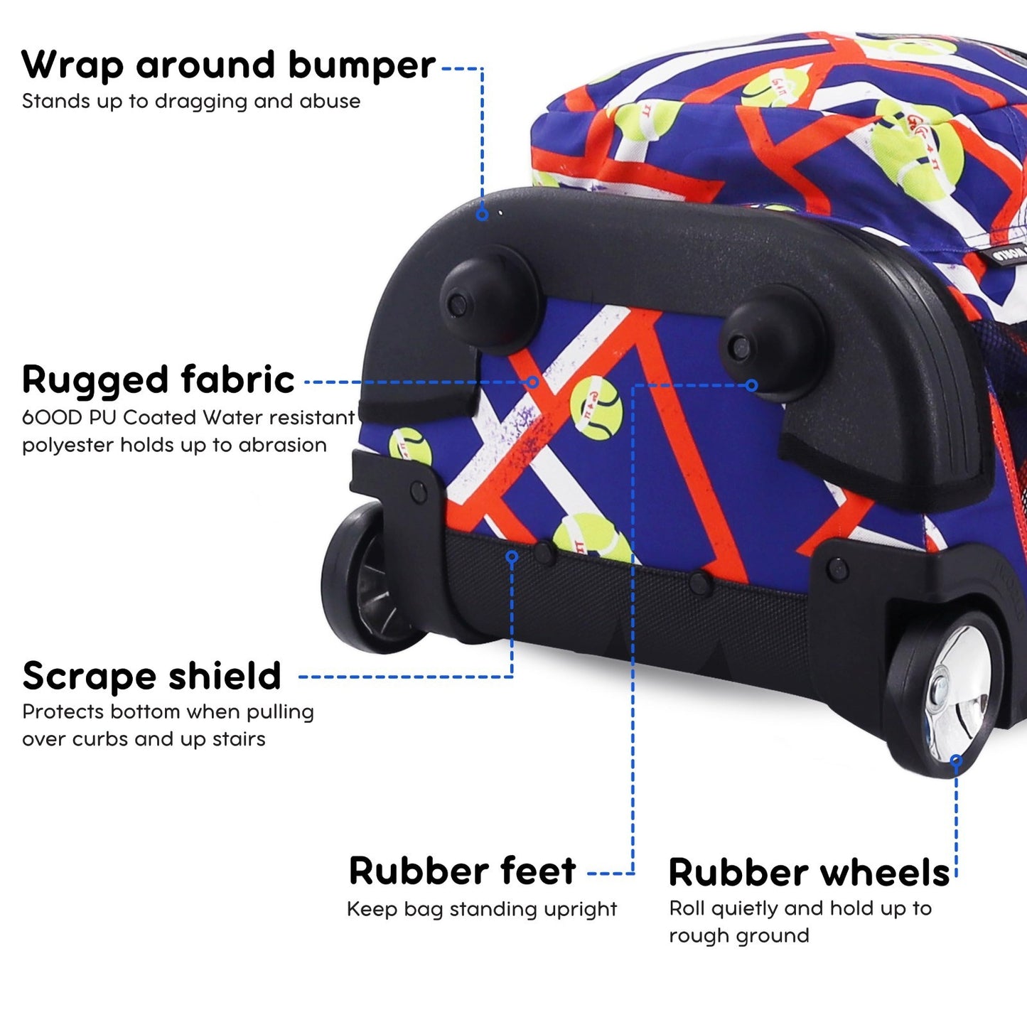 Kids Rolling Backpack with Wheels, 18" School Bookbag for Boys & Girls, Tennis D3