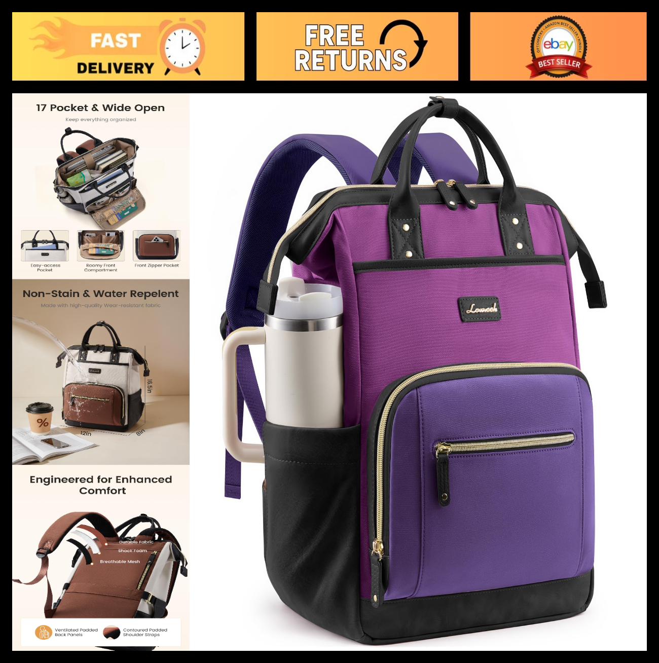 Stylish 15.6" Laptop Backpack with Tumbler Holder, Travel Bag for Work & College0