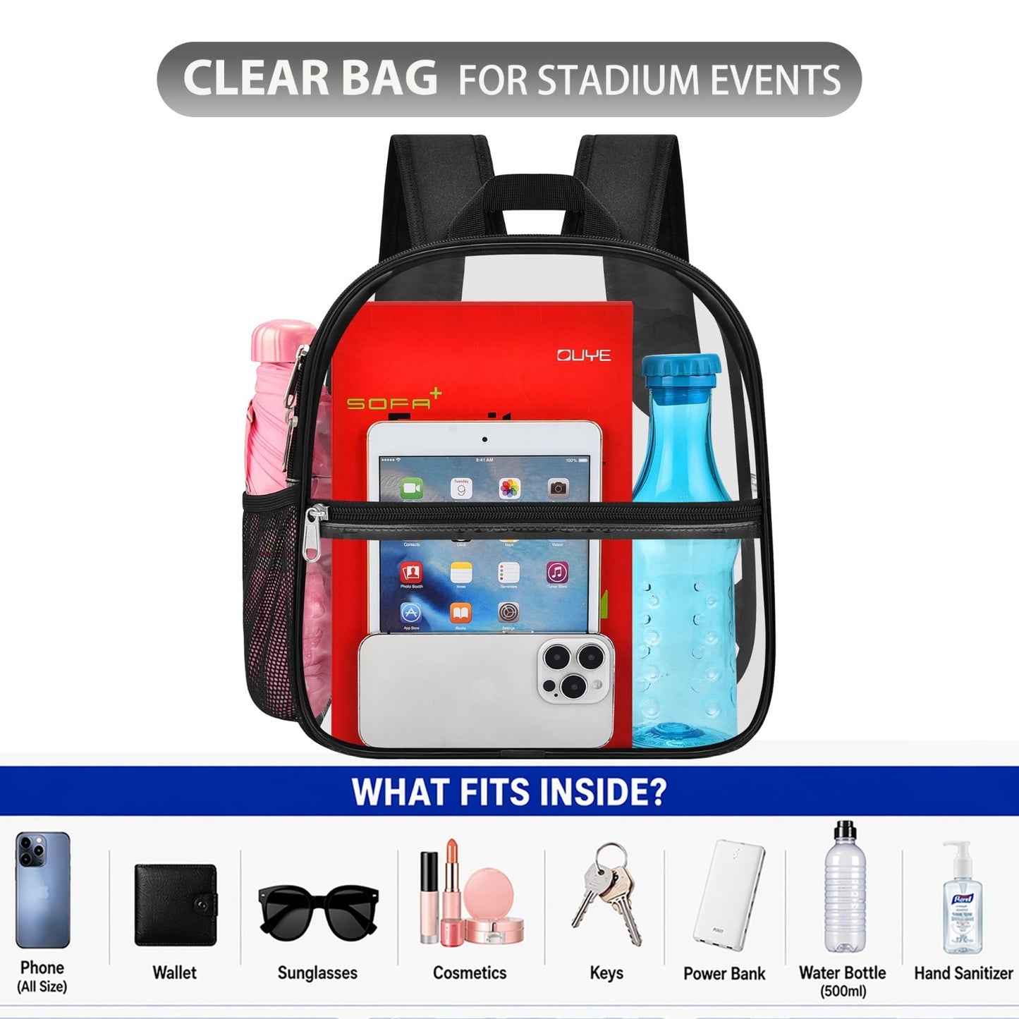 Clear Stadium Approved Backpack - Transparent 12"x6"x11" for Concerts & Events,4