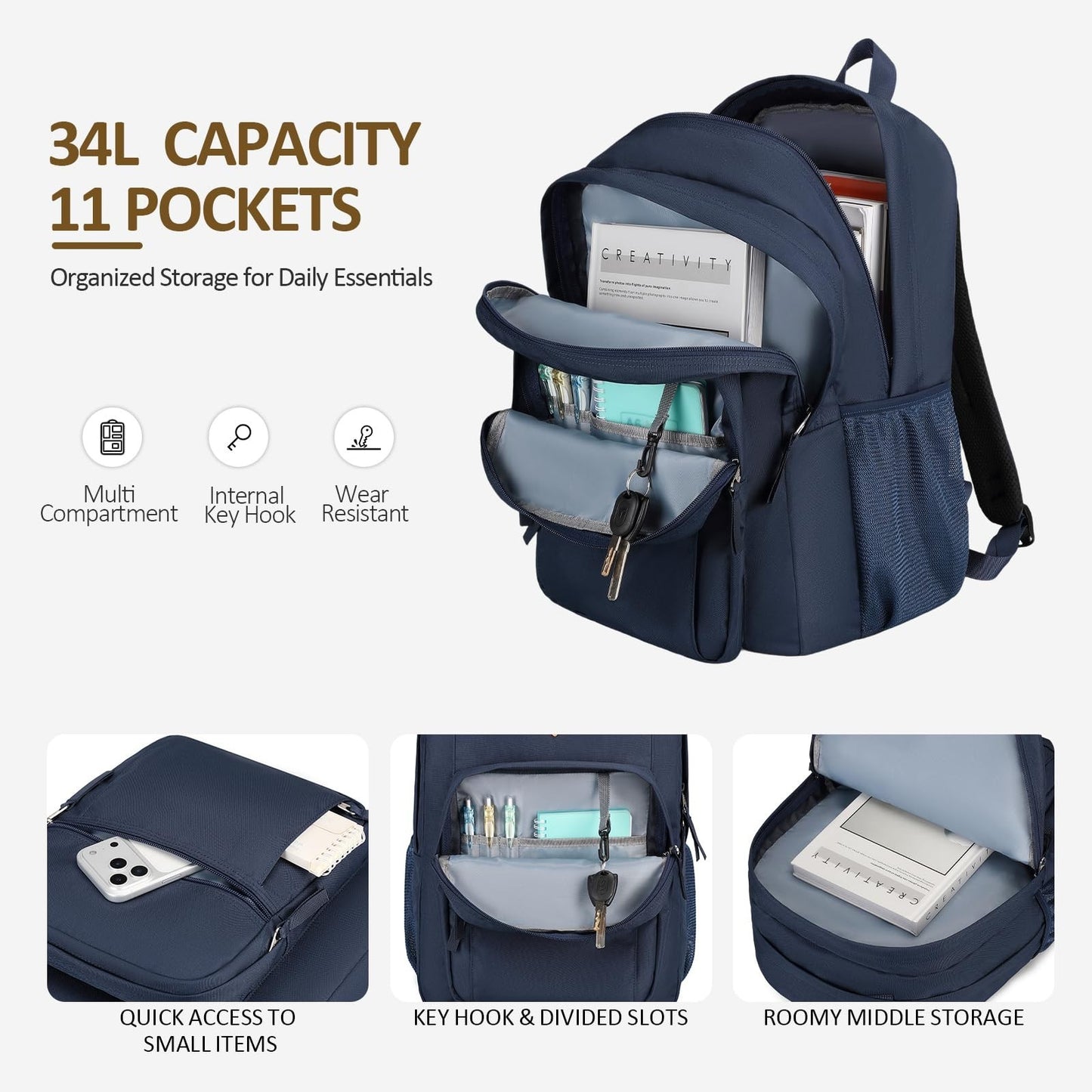 Water Resistant Large Travel Backpack for College, School, Men & Women   Navy3
