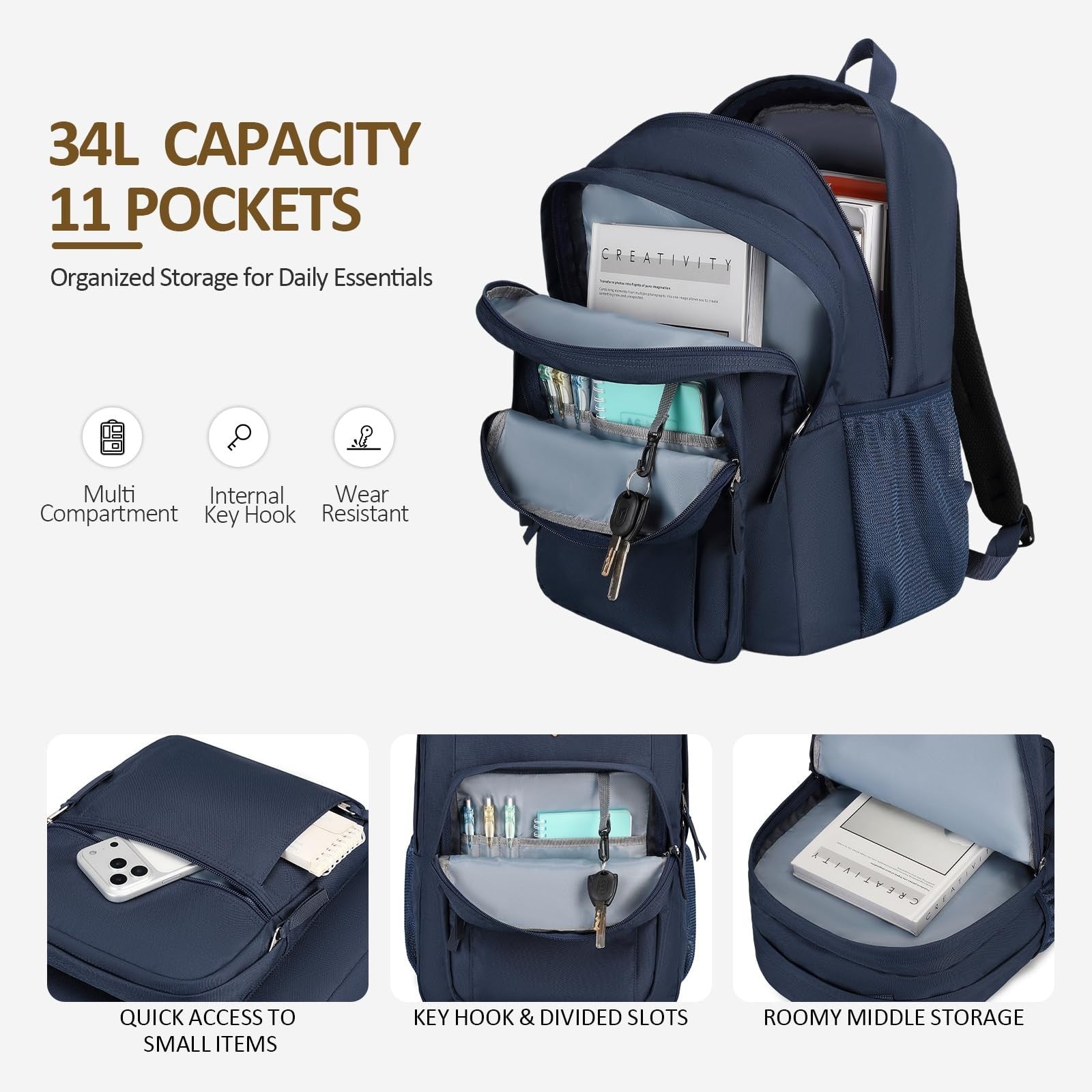 Water Resistant Large Travel Backpack for College, School, Men & Women   Navy3