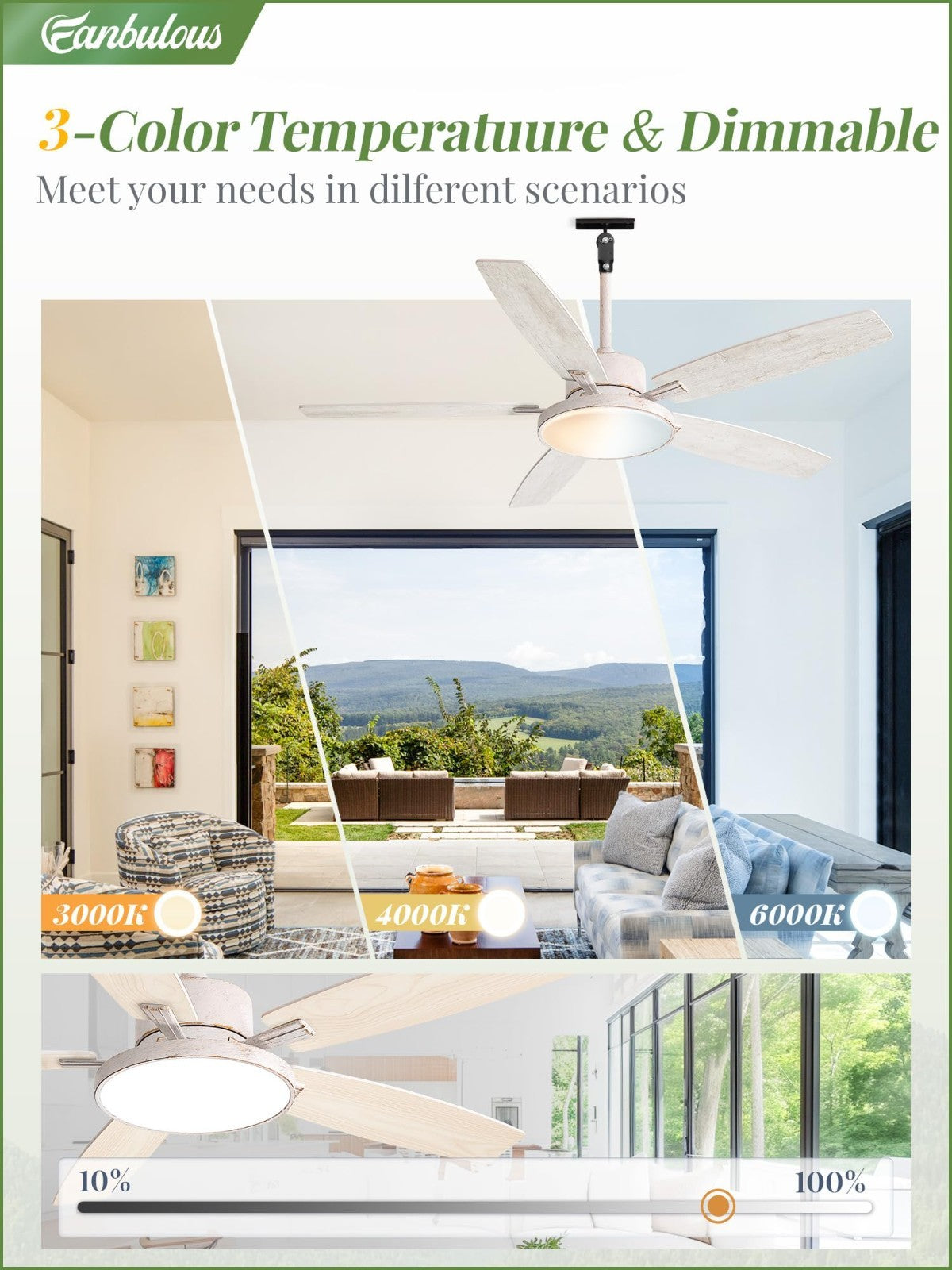 52" Waterproof Outdoor Ceiling Fan with Light, 6 Speed DC Motor for Patio, Gazeb6
