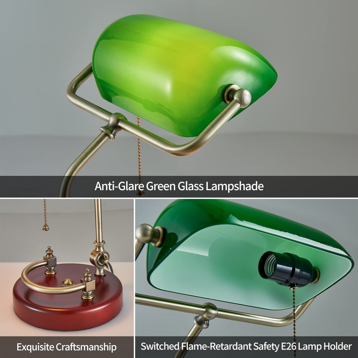 Vintage Green Glass Bankers Desk Lamp with Solid Wood Base, Pull Chain Switch, E4