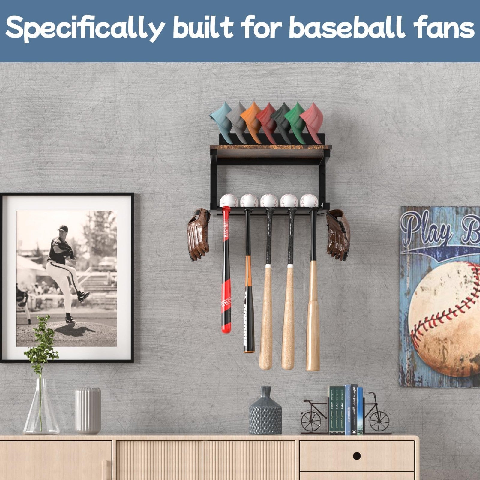 Wall Mount Baseball Bat Rack & Cap Holder   10 Bat Metal Storage, 5 Prongs, Blac12