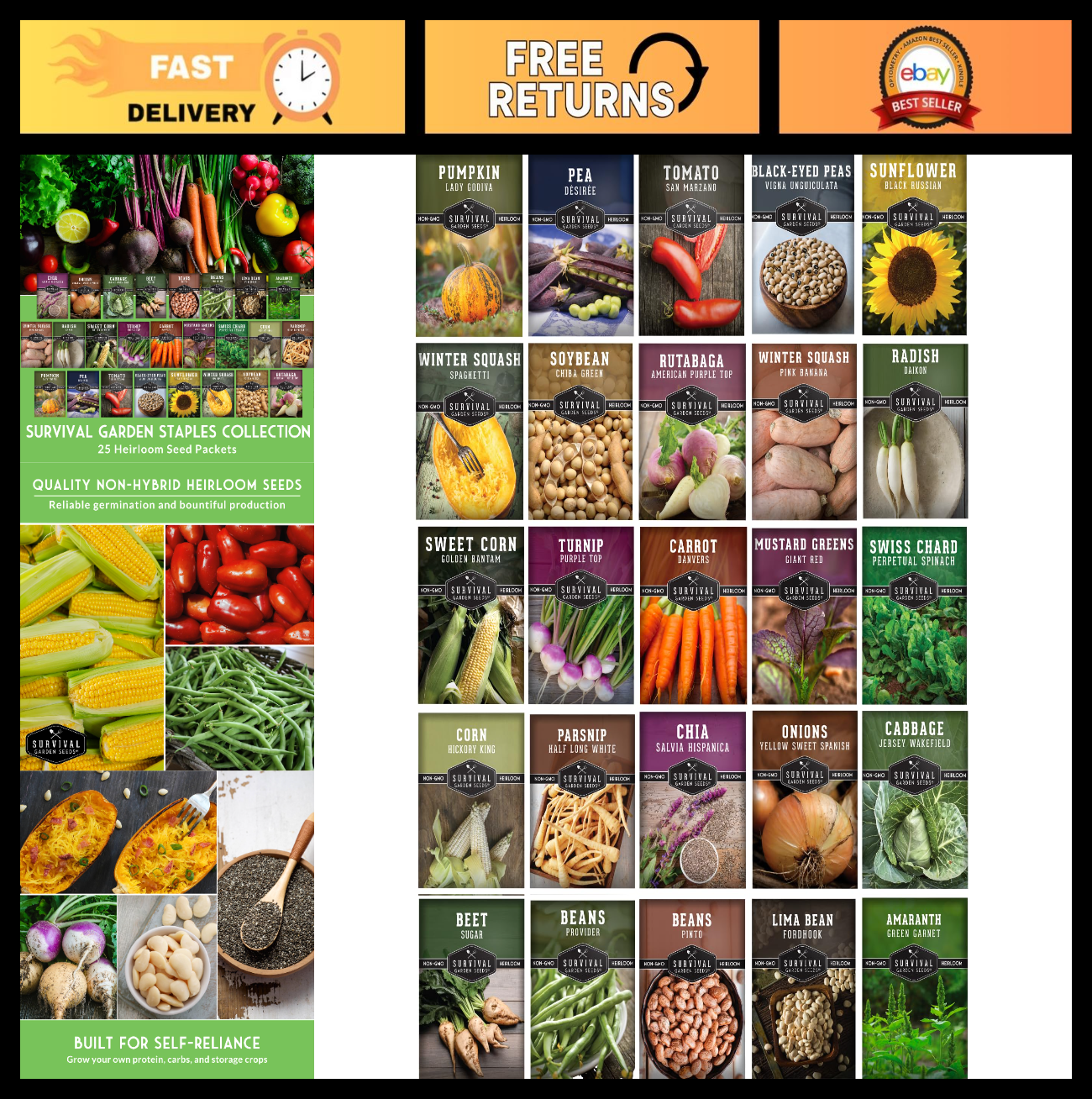 Heirloom Survival Garden Seeds Starter Pack - Protein, Grain, Root & Oilseed Cro0