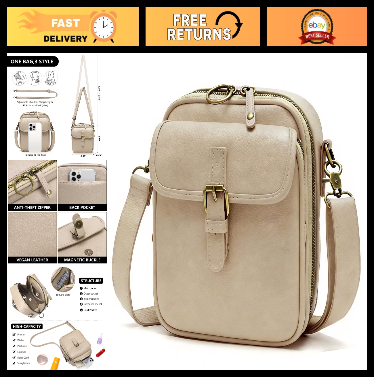 Vegan Leather Crossbody Bags for Women - Vintage Anti-Theft Messenger Purse with0