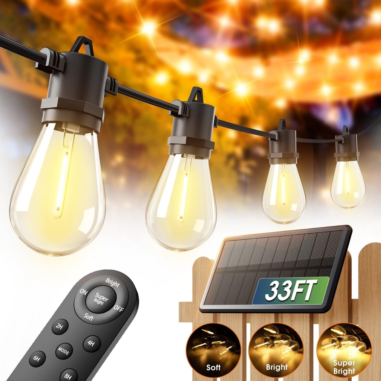 33FT Solar String Lights Outdoor, 20+ Hrs Battery Life, USB Charging, IP65 Water7