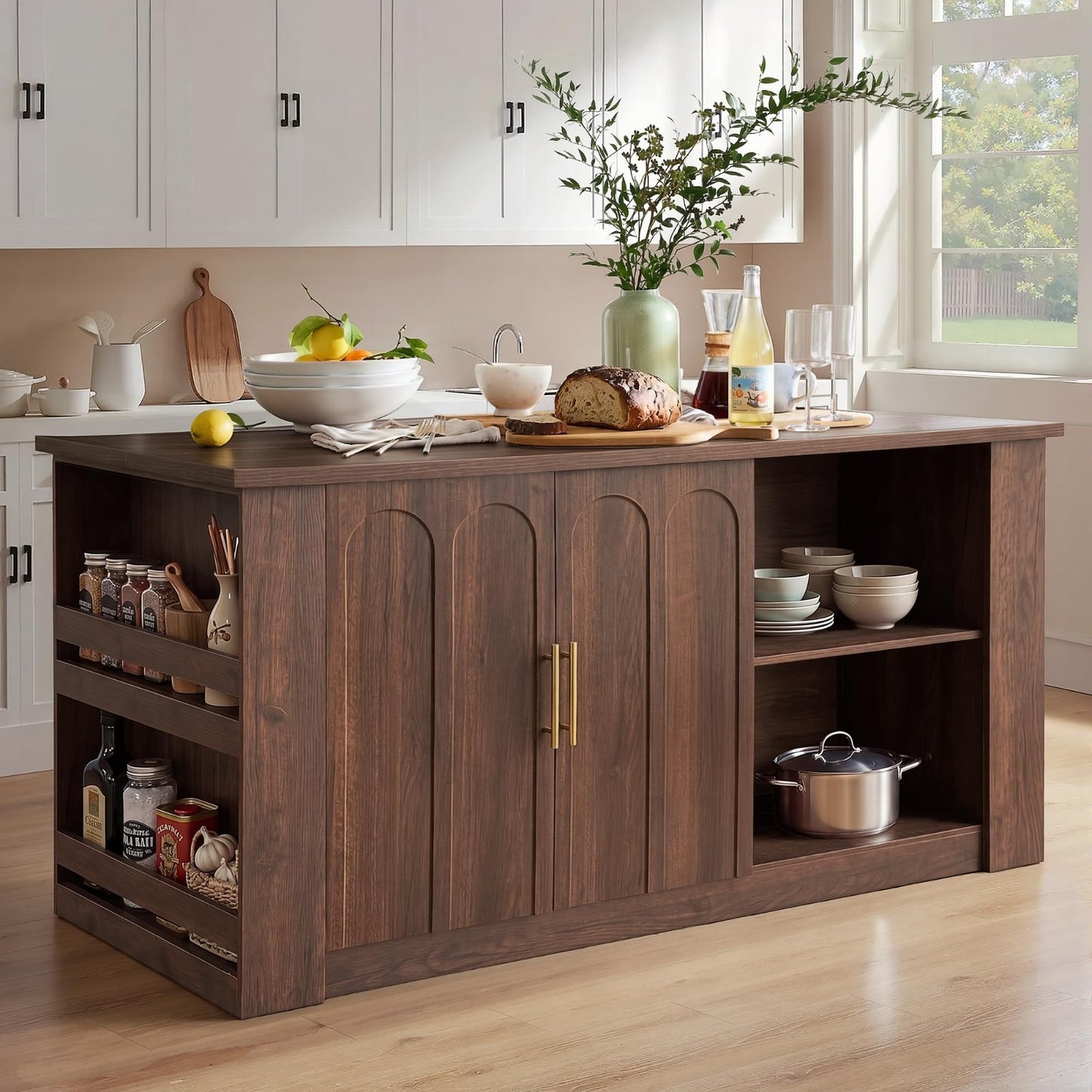 62.9" Large Kitchen Island with Storage, Arched Doors, Mid Century Modern Design0