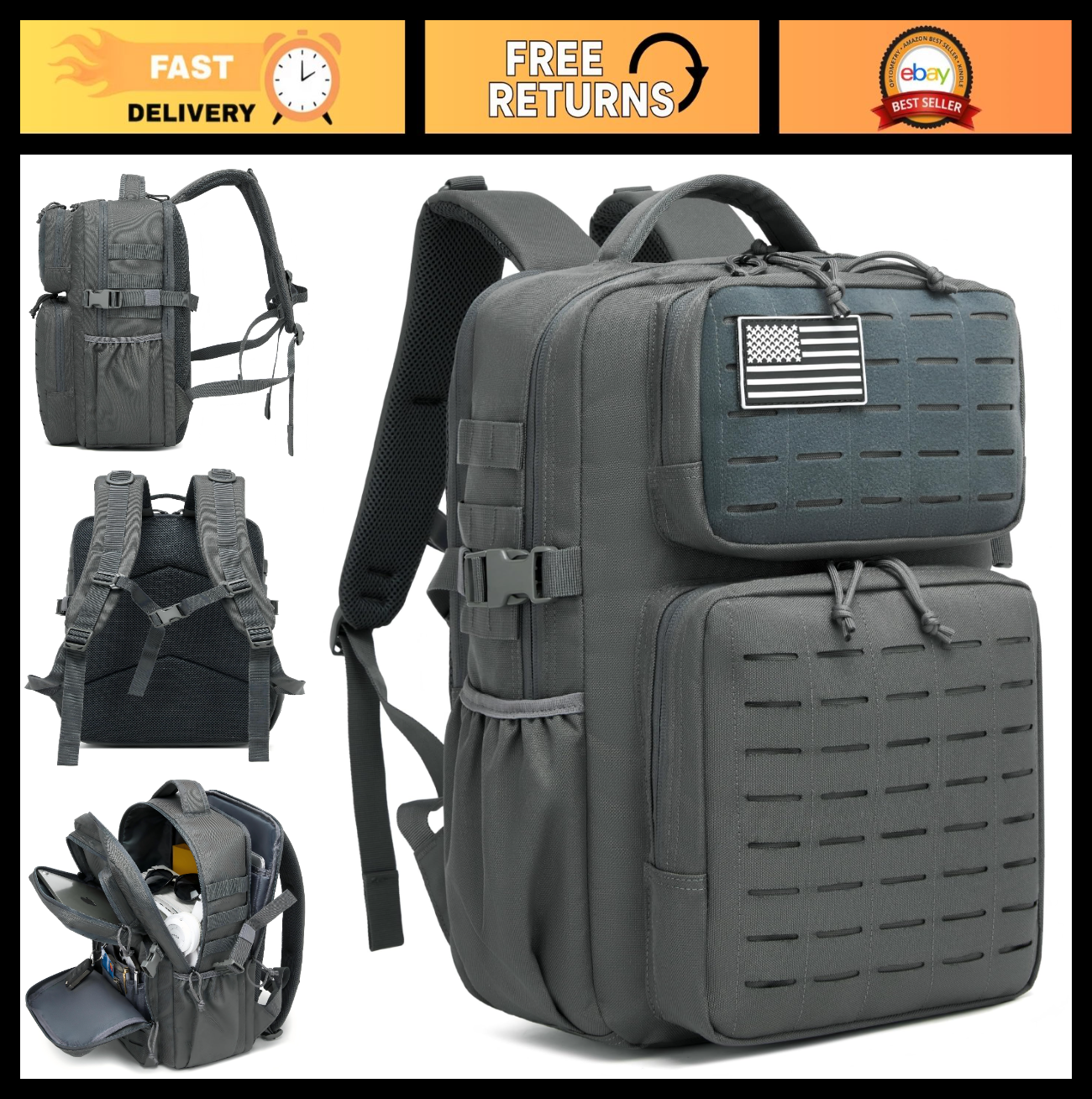 Waterproof Tactical Backpack 25L for Men, 3 Day Assault Pack, MOLLE Design, Blac0