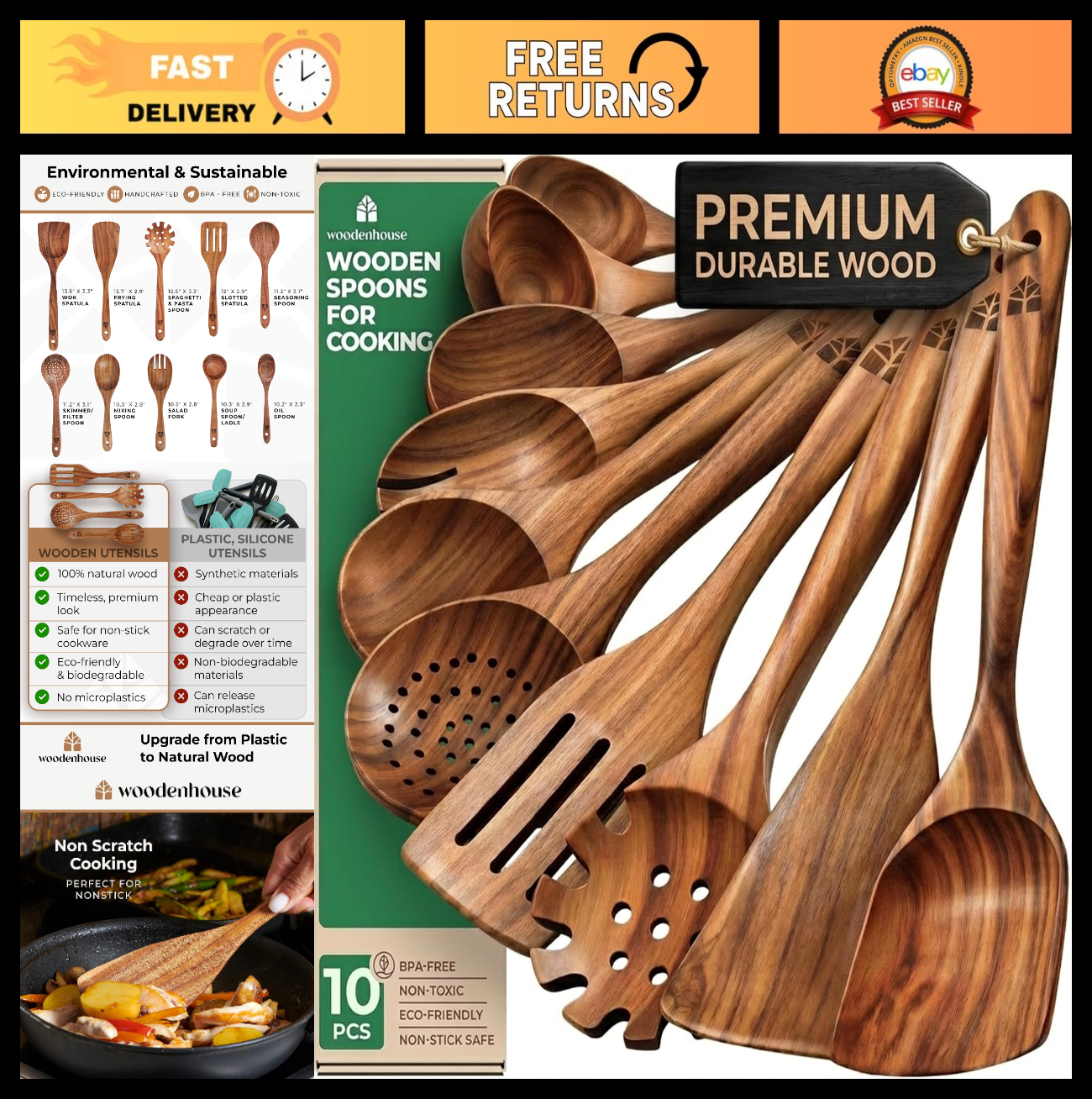 10 Pcs Wooden Cooking Spoons Set   Durable Teak Utensils, Heat Resistant, Food S0