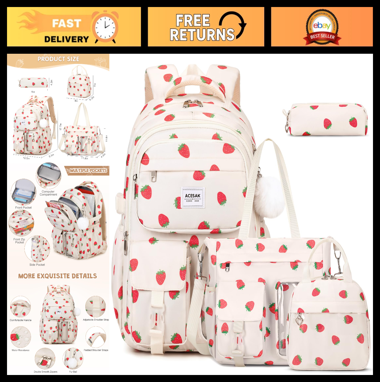 Stylish Girls Backpack Set with Tote, Crossbody Bag, Lunch Bag & Pencil Pouch  0