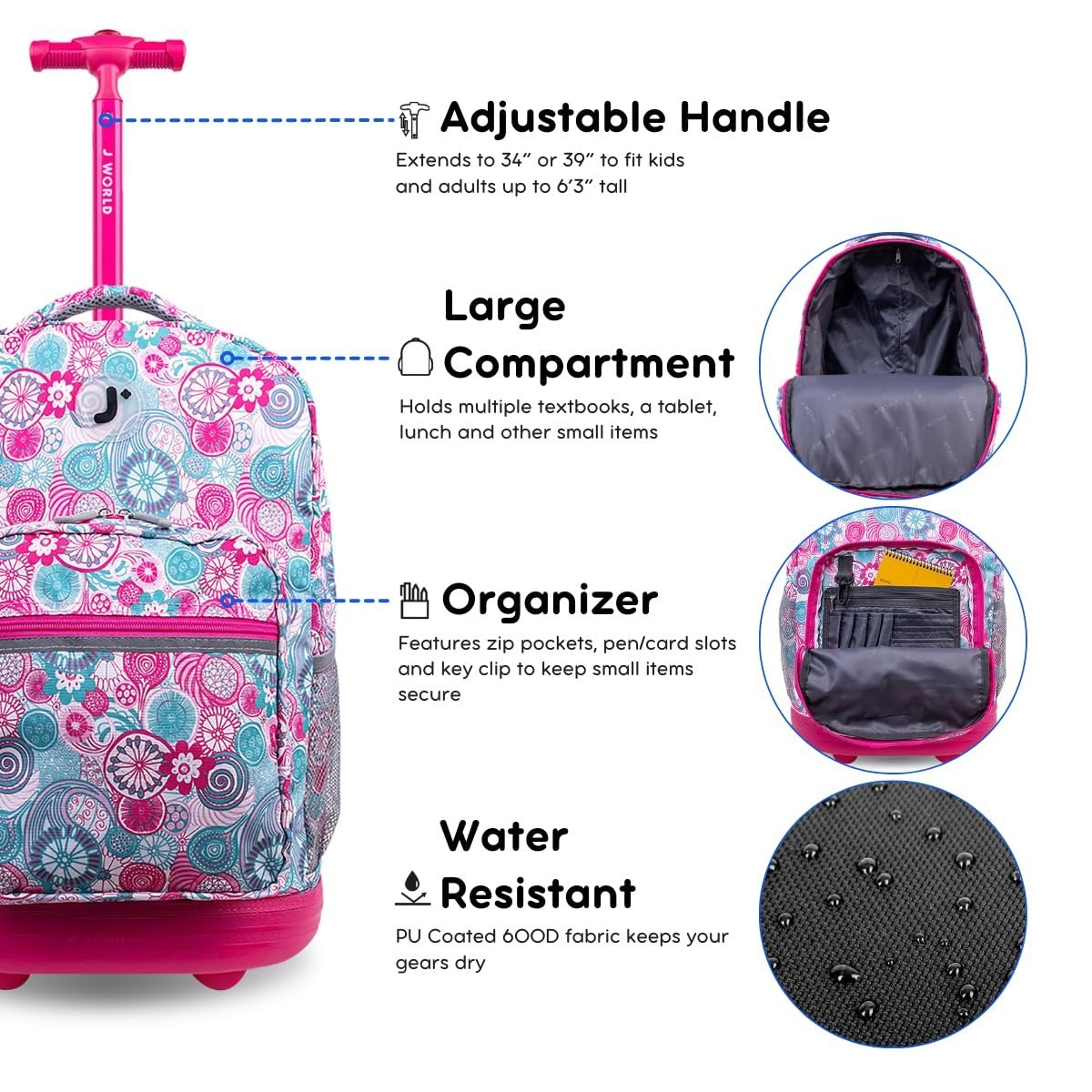 Rolling Backpack for Kids, 18" Lightweight Travel Bag, Blue Raspberry, School &5