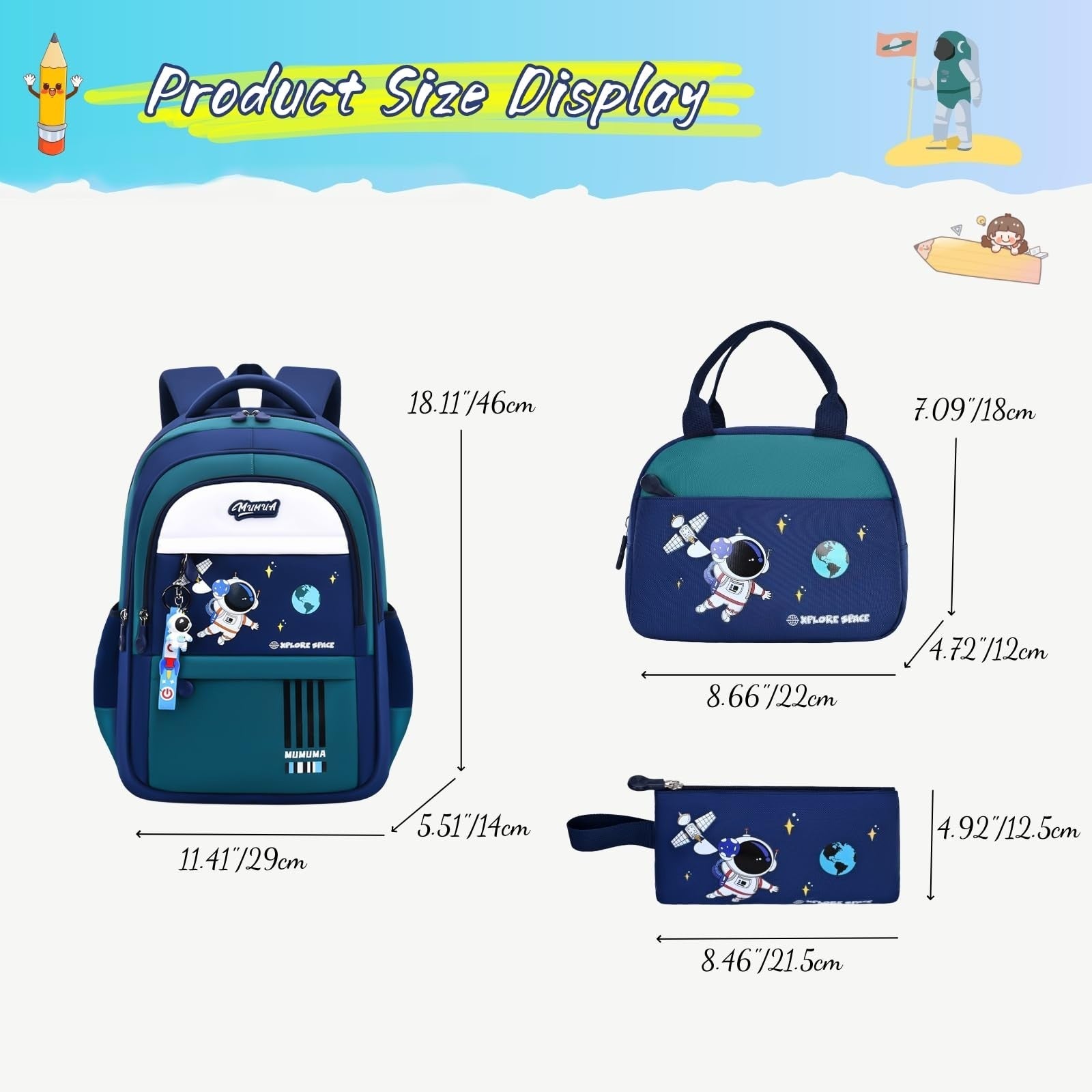 3pcs Boys Lightweight Astronaut Backpack & Lunch Box Set for School, Green2