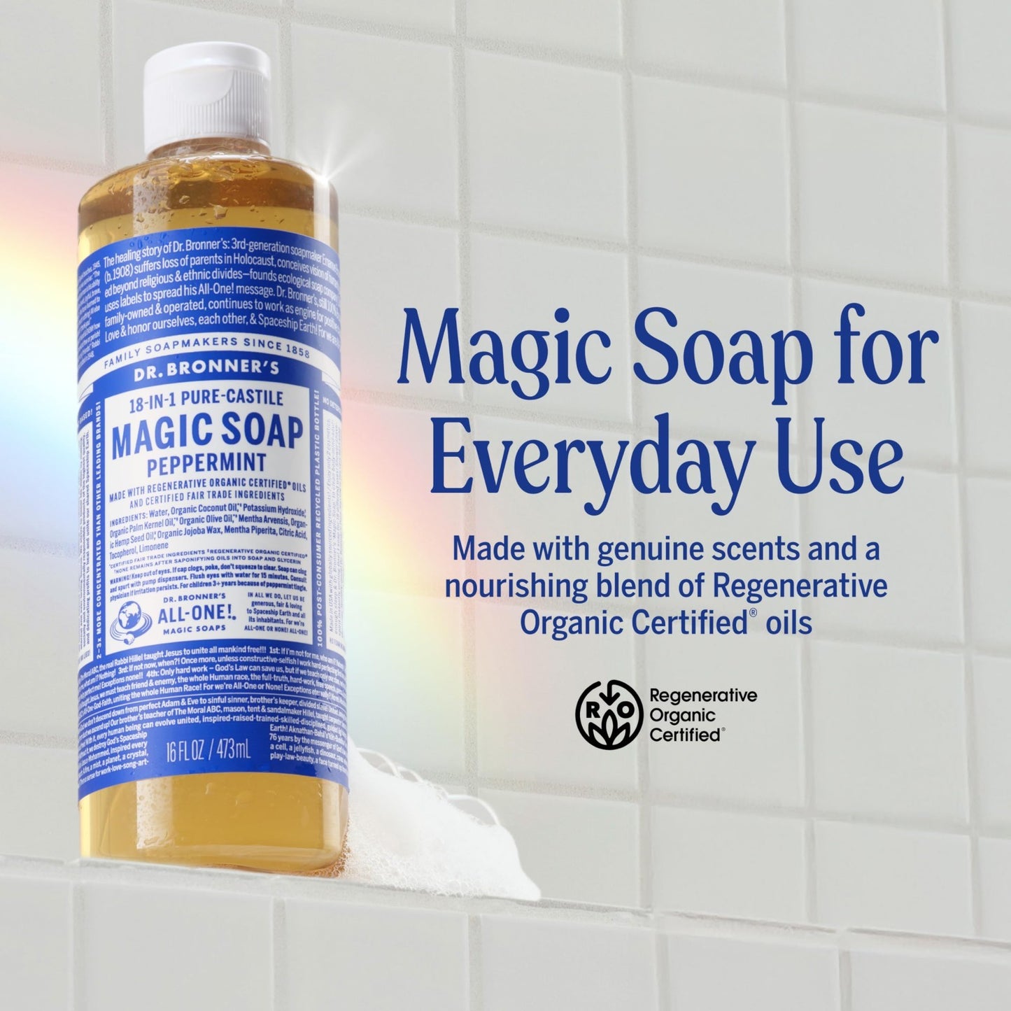 Peppermint Pure-Castile Liquid Soap 16 oz 2-Pack | 18-in-1 Uses: Body Wash, Sham2
