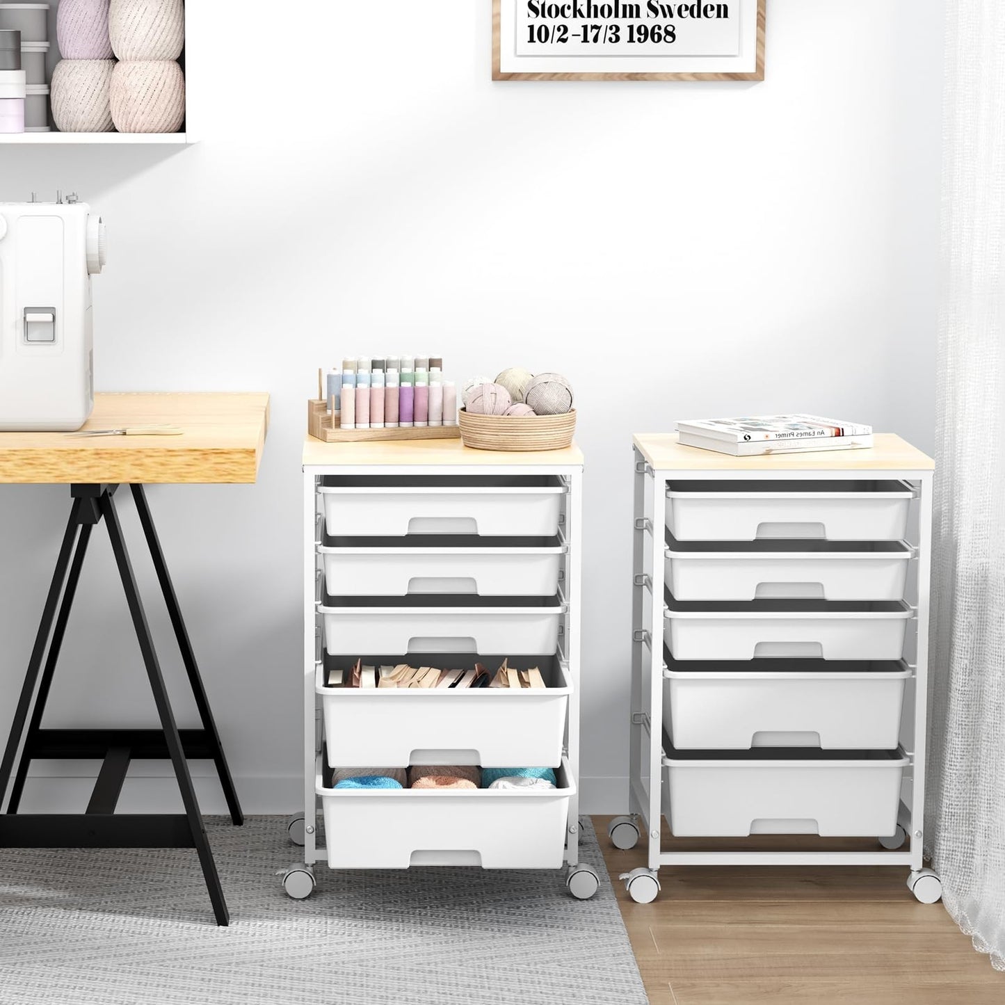 5 Drawer Utility Cart with Wooden Top, Lockable Wheels, Rolling Craft Storage Tr8