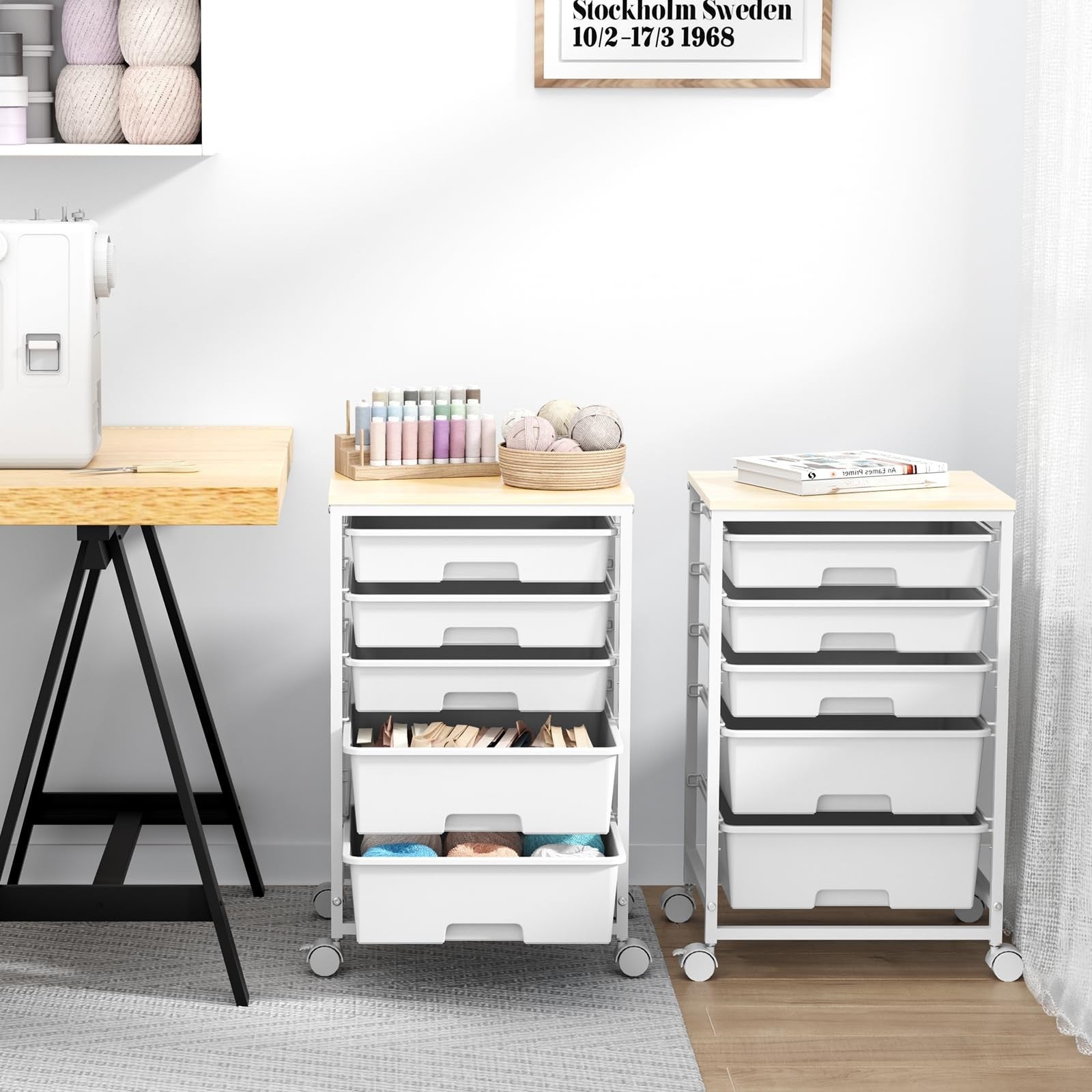 5 Drawer Utility Cart with Wooden Top, Lockable Wheels, Rolling Craft Storage Tr8