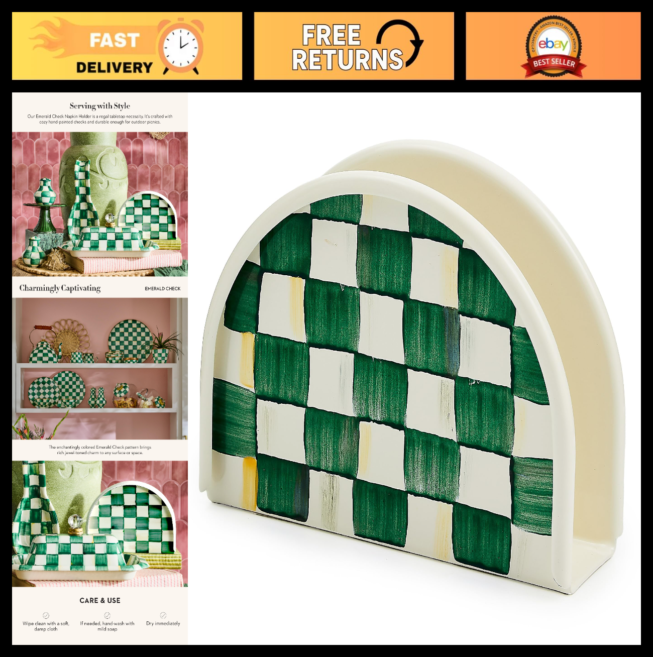 Stylish Enamel Napkin Holder for Kitchen, Table & Countertop - Green & White Che0