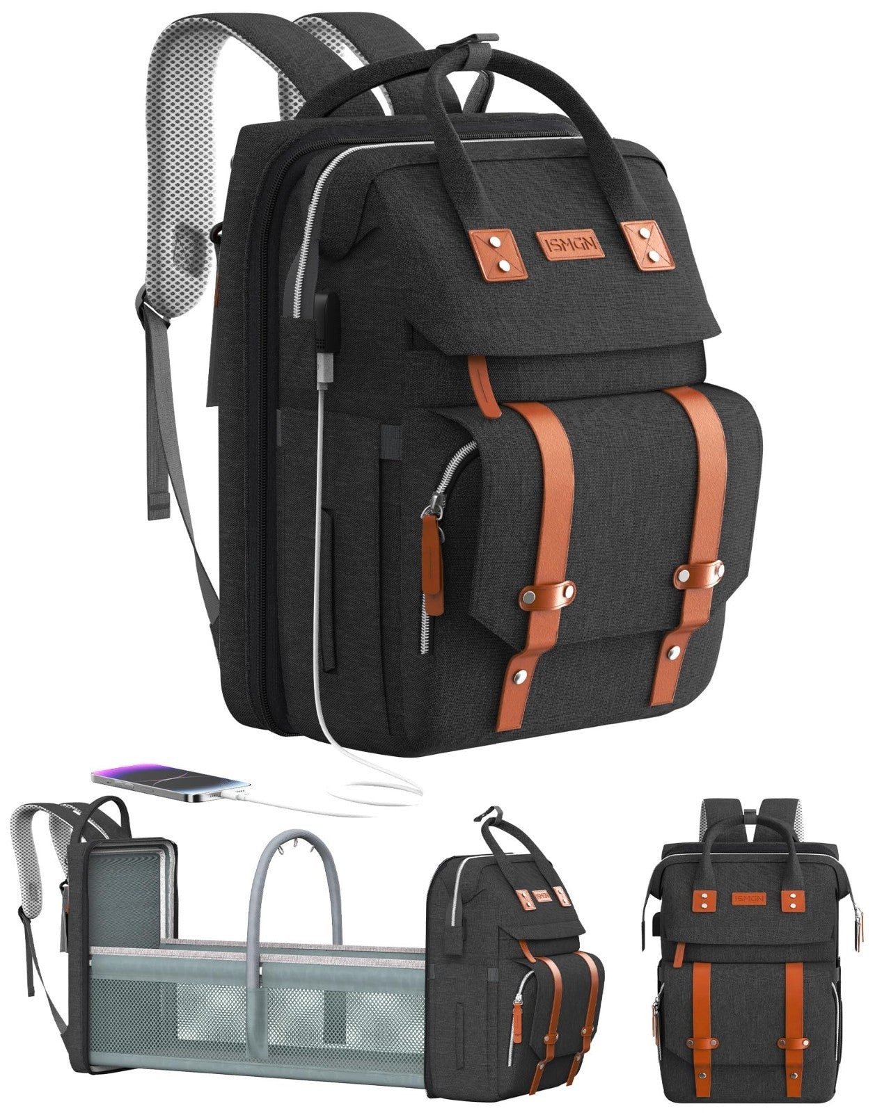 Diaper Bag Backpack with Changing Station, Stylish Baby Bag for Boys   Black1