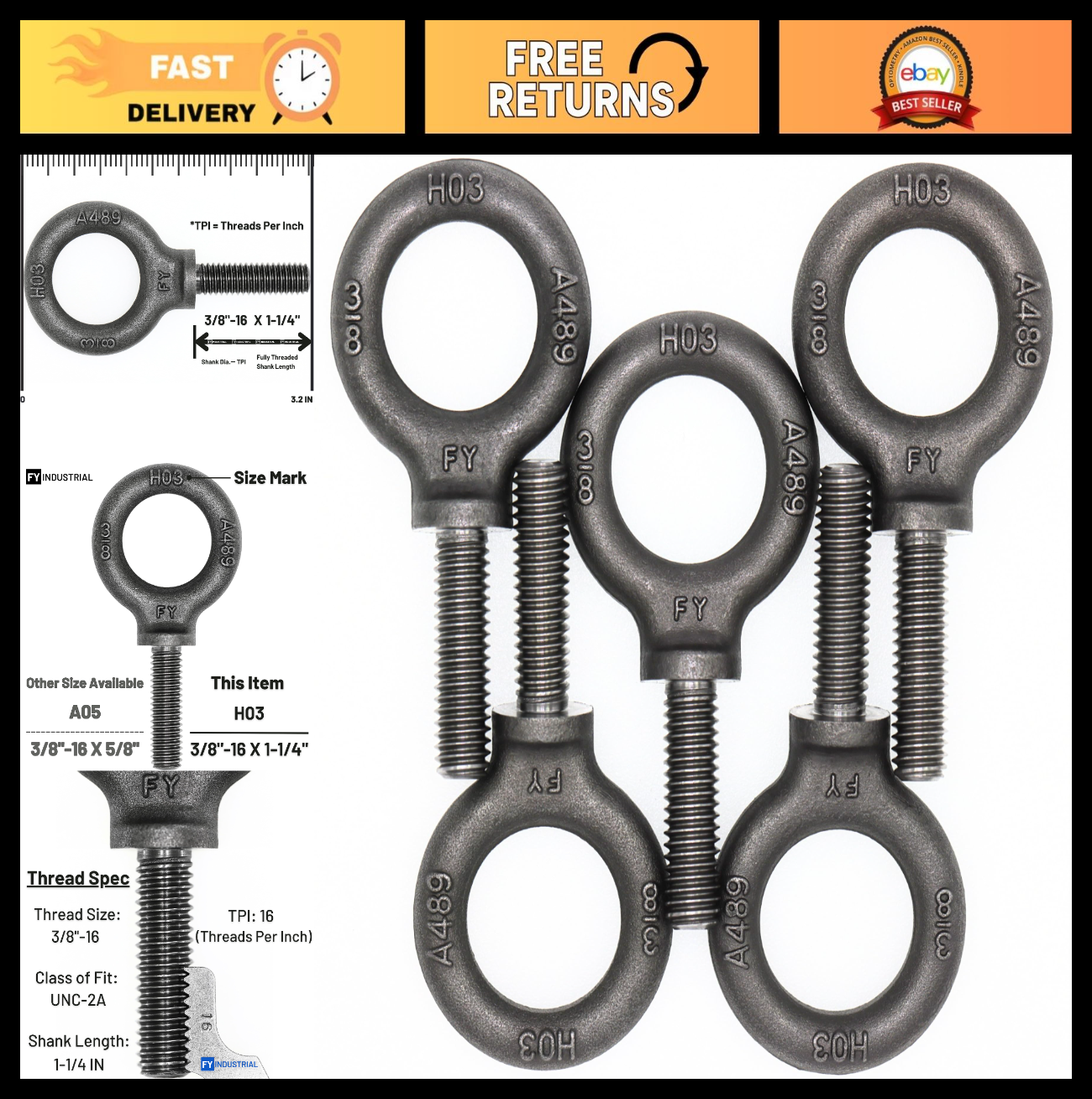 5 Pcs Heavy-Duty Lifting Shoulder Eye Bolts 3/8"-16 X 1-1/4" for Rigging & Hoist0