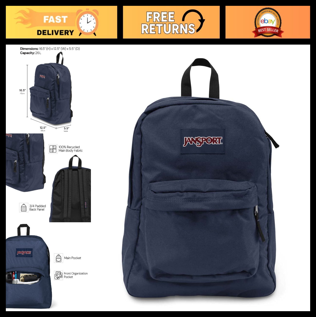 Durable Lightweight Navy Backpack   1 Main Compartment, Front Utility Pocket, Or0