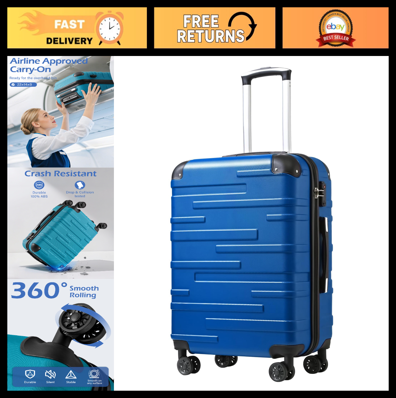 20" Hardside ABS Carry-On Luggage, TSA Lock, 360° Spinner Wheels, Scratch-Resist0