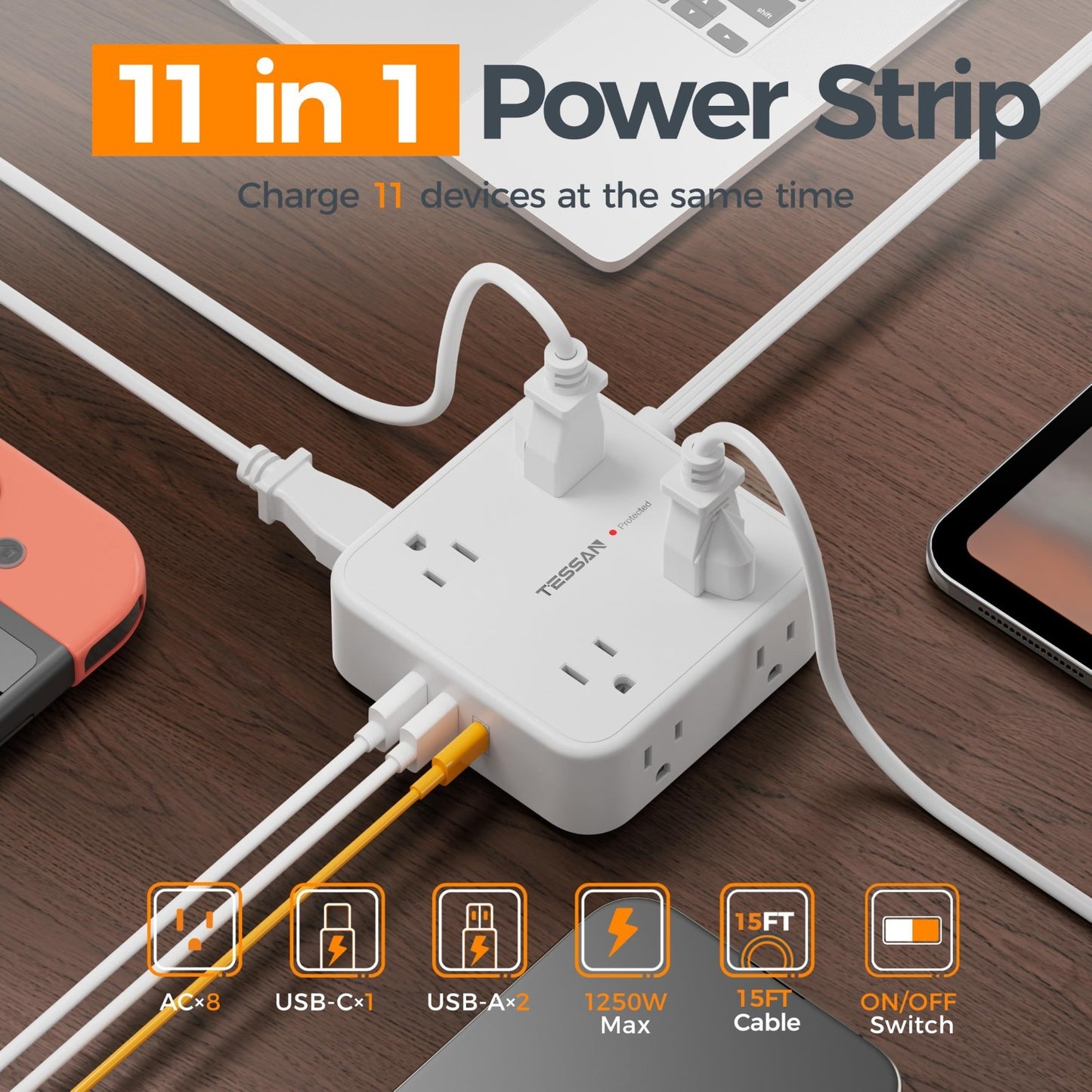 Surge Protector Power Strip 900J Protection, 15 Ft Extension Cord, White2