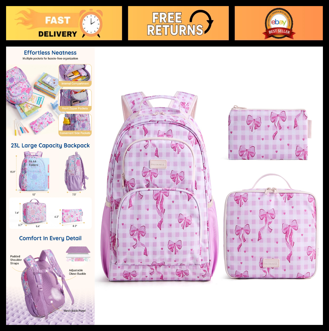 Kids Backpack Set 3PCS for School, Large Capacity 23L, Lightweight, Water-Resist0