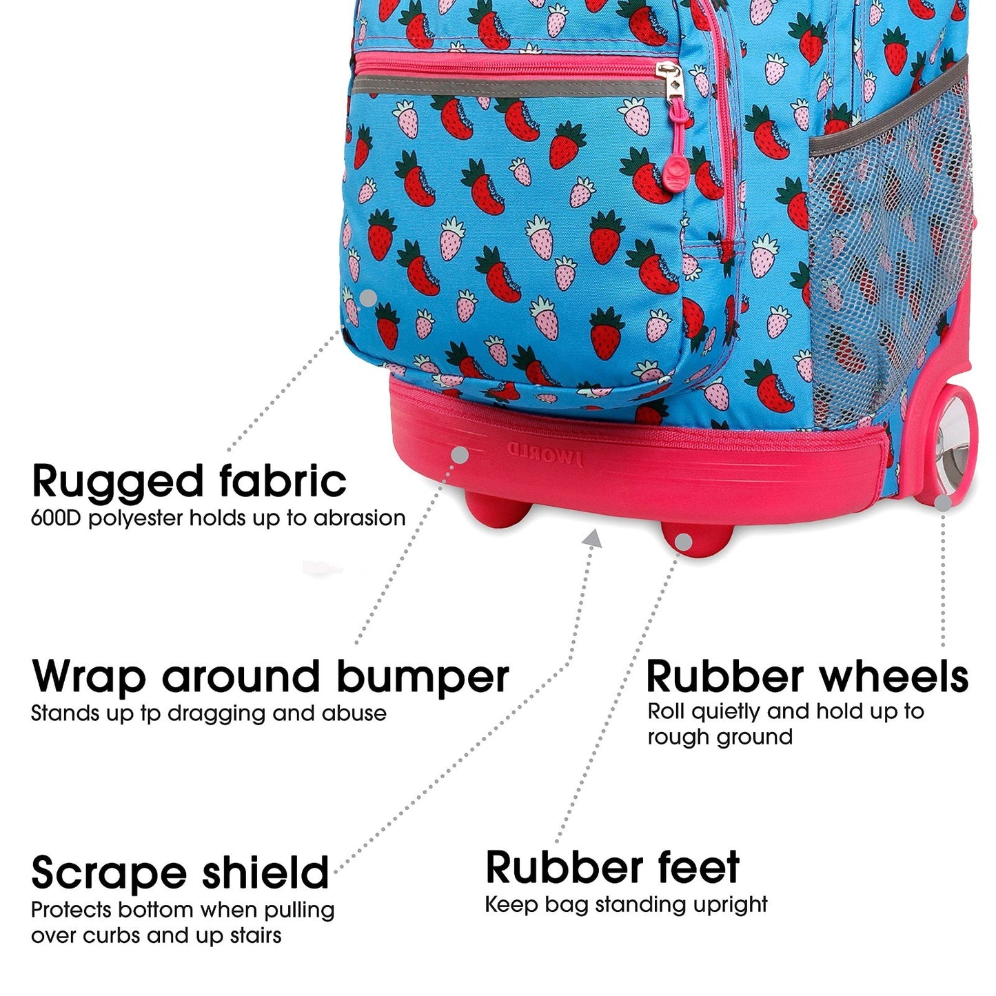 Kids Rolling Backpack with Wheels, 18" Bookbag for School, Strawberry Design, Un2