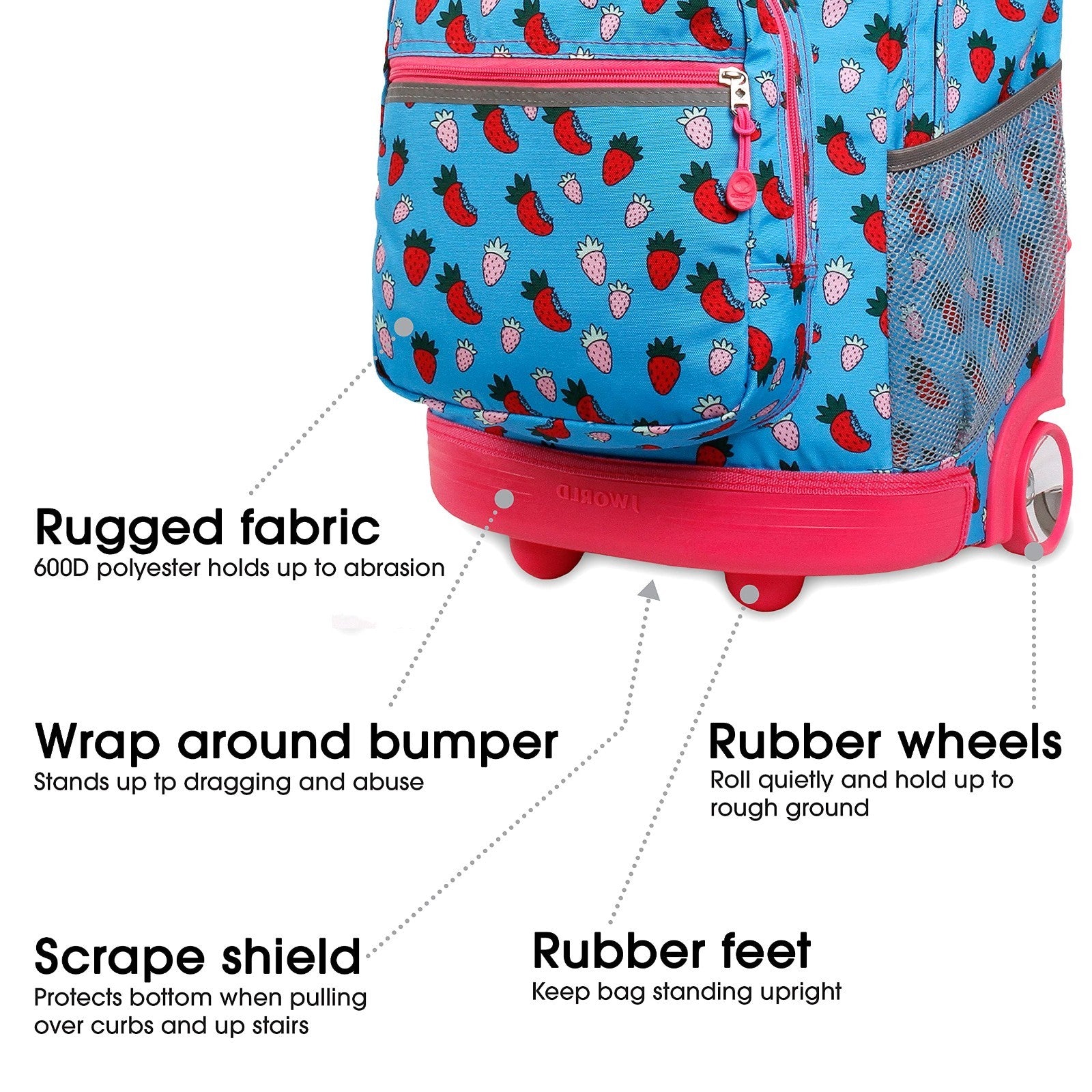 Kids Rolling Backpack with Wheels, 18" Bookbag for School, Strawberry Design, Un2