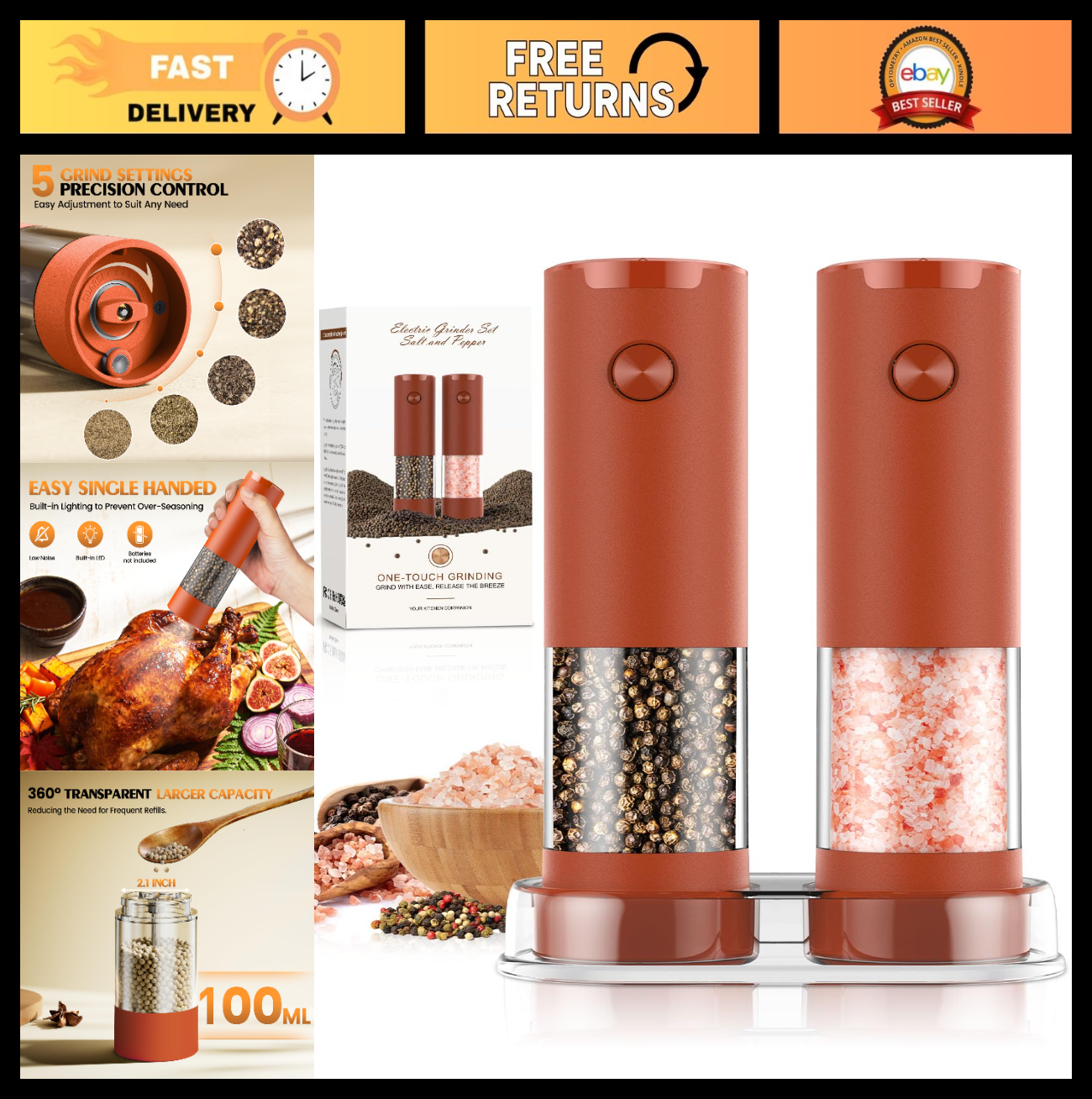 Automatic Electric Salt & Pepper Grinder Set   Adjustable Coarseness, LED, Large0