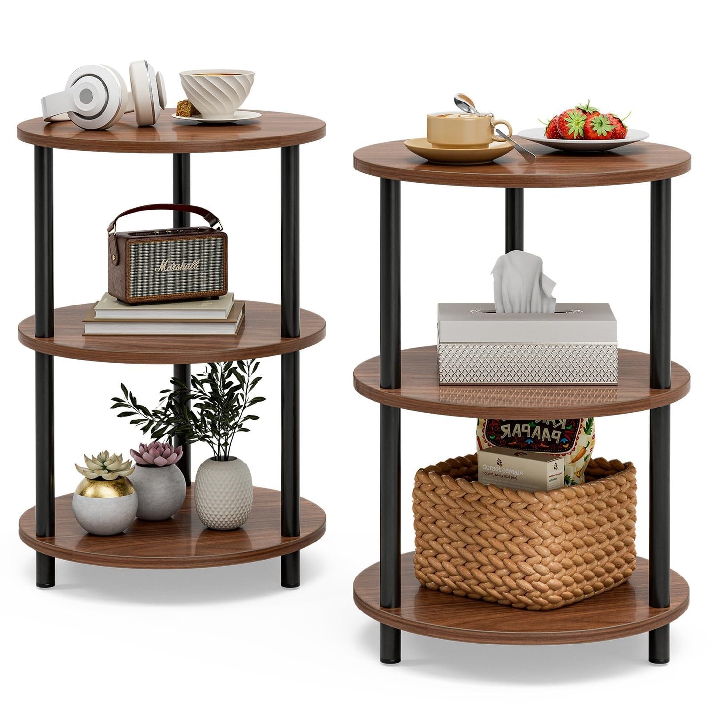 Set of 2 Small Round 3-Tier Accent Tables - Vintage Industrial Nightstands for S1