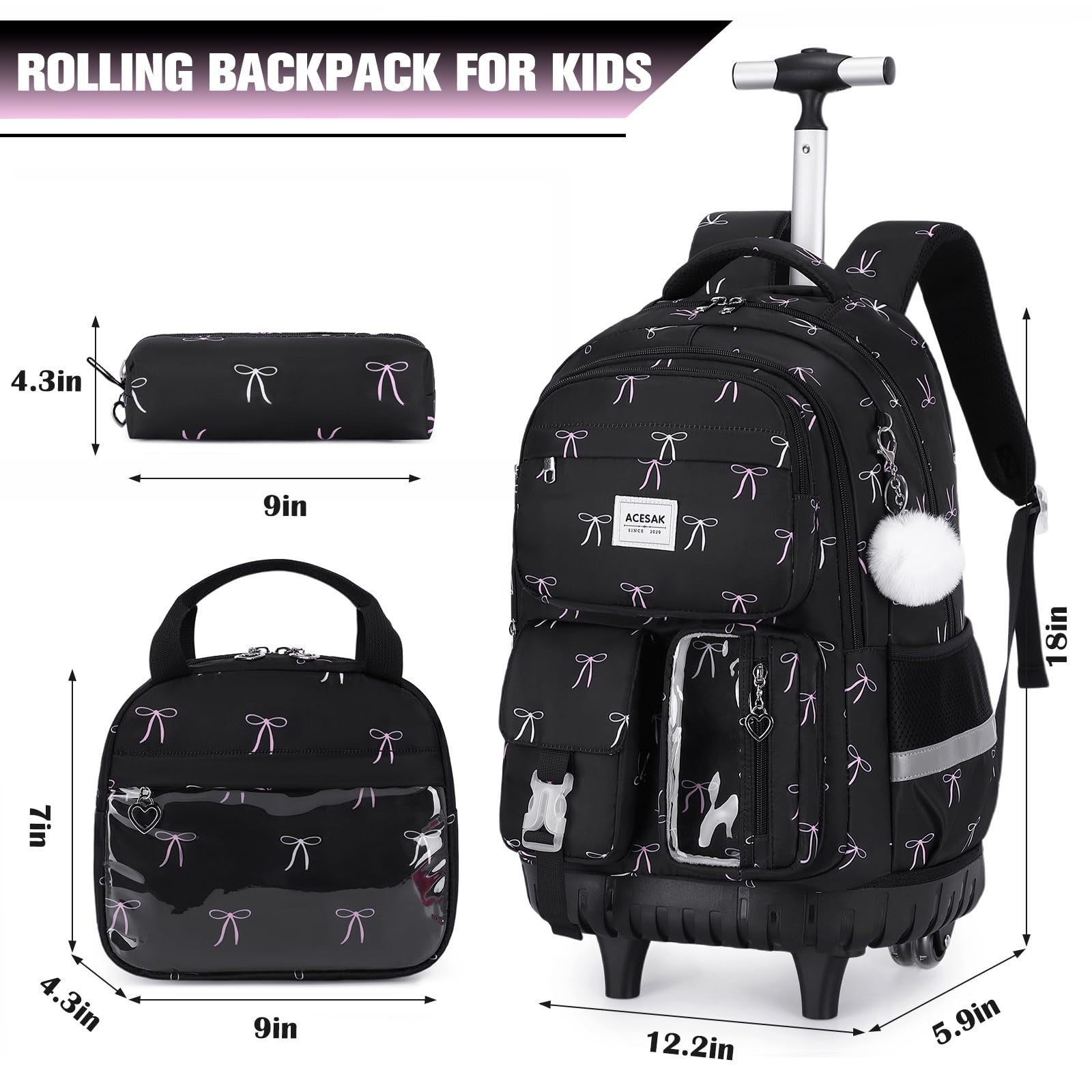 Rolling Backpack for Girls with Lunch Bag & Pencil Pouch   Wheeled Bookbag for S2