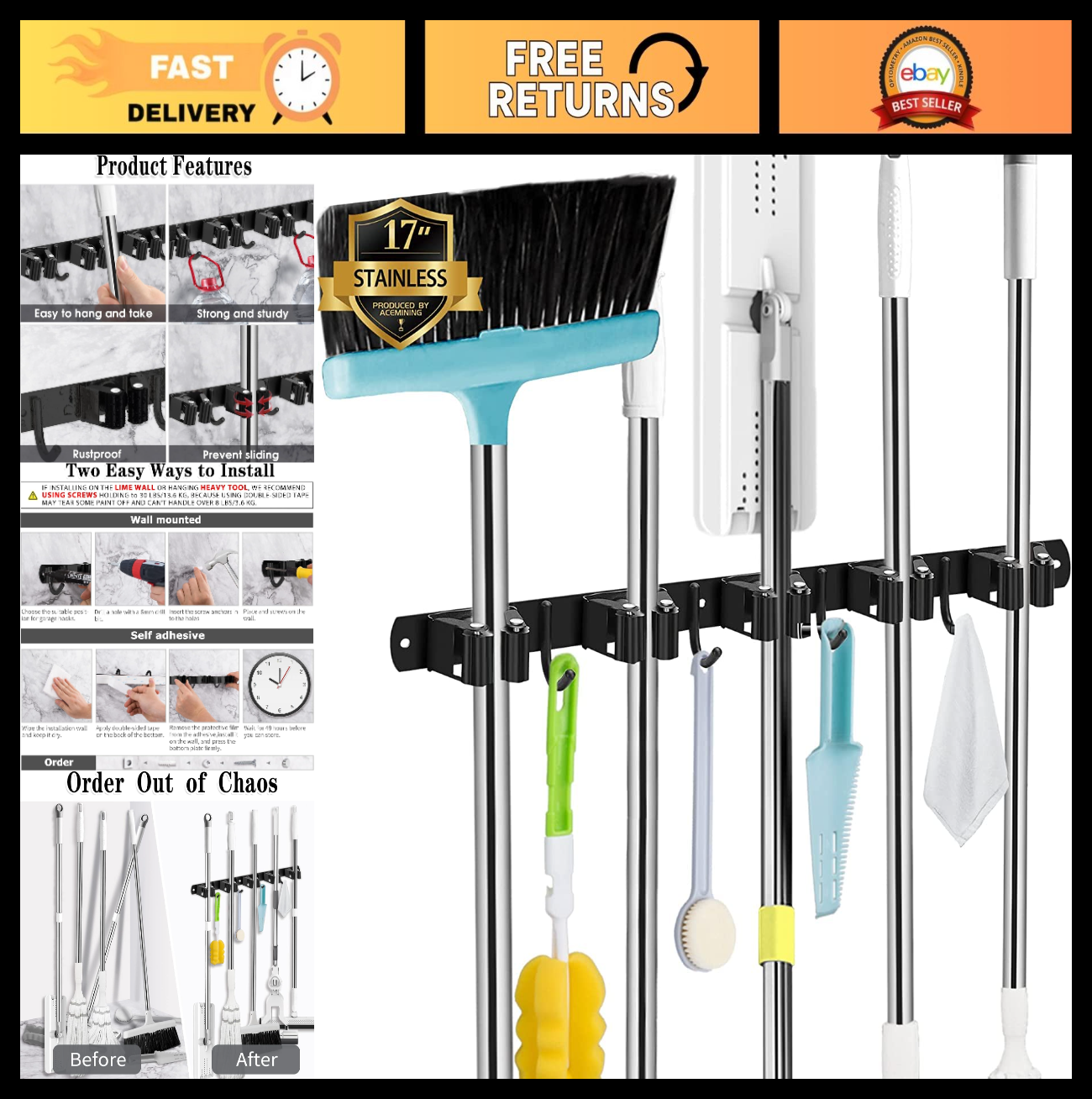 Wall Mount Broom Holder with 5 Racks & 4 Hooks - Mop & Broom Organizer Storage0