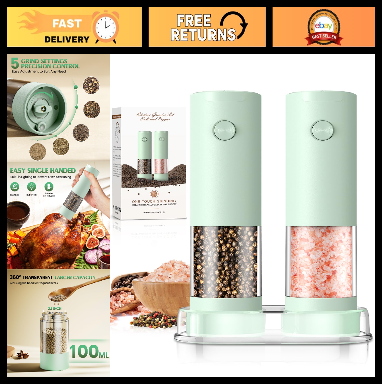 Automatic Electric Salt & Pepper Grinder Set   Adjustable Coarseness, LED, Large0