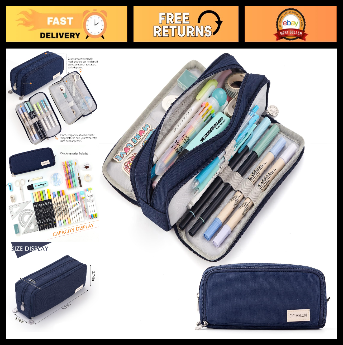 Large Capacity 3 Compartment Pencil Case Pouch Bag for School & Office   Navy0